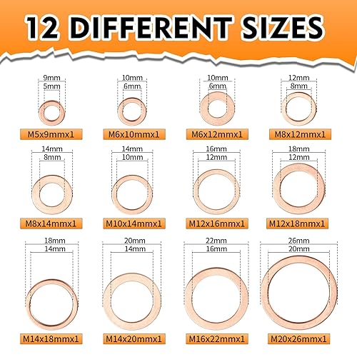 Miniatura 3 de Kit de surtido de 330 piezas de arandelas de cobre  12 tamaños de arandelas planas de sellado y aplastamiento (M5-M20) para uso automotriz, de