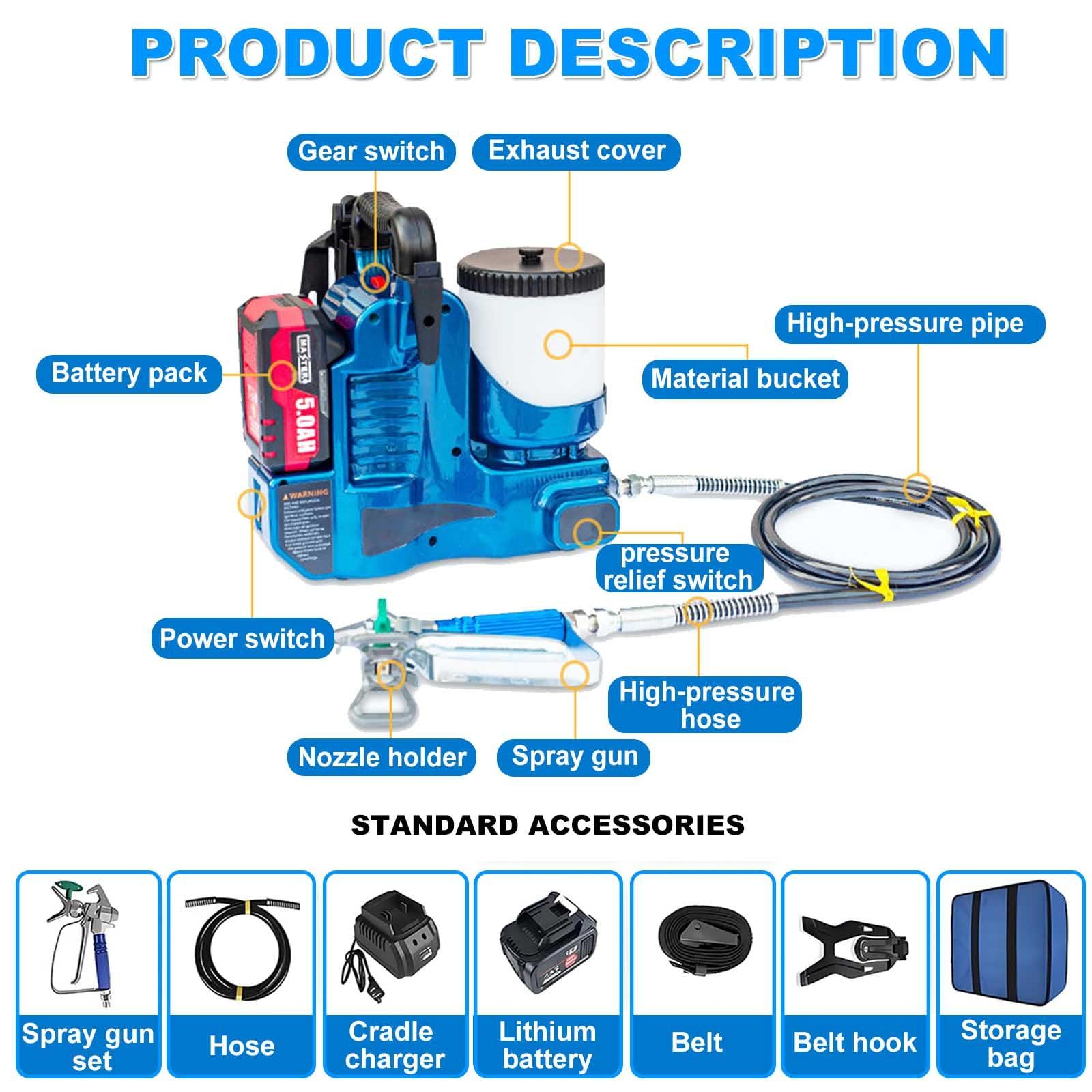 Máquina de pintura en aerosol eléctrica, pistola de pulverización inalámbrica sin aire de 550W, ajustable de 6 velocidades para proyectos caseros de bricolación, muebles, paredes y superficies metálic