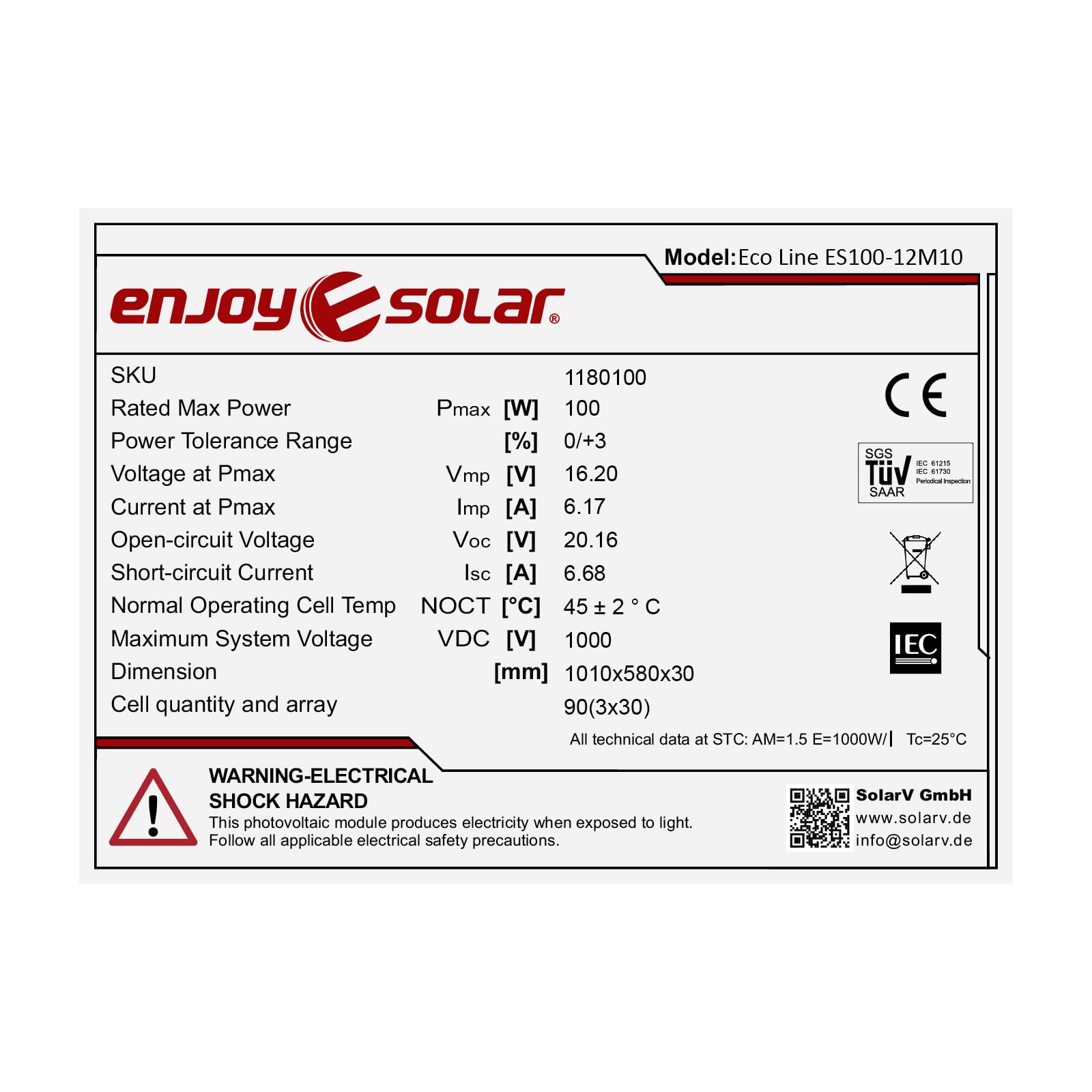 enjoy solar® Panel solar monocristalino 100W 12V con tecnología HPBC – Alta eficiencia 25%, células solares de 182mm, Full Black, ideal para autocaravana, balcones, caseta de jardín y barco