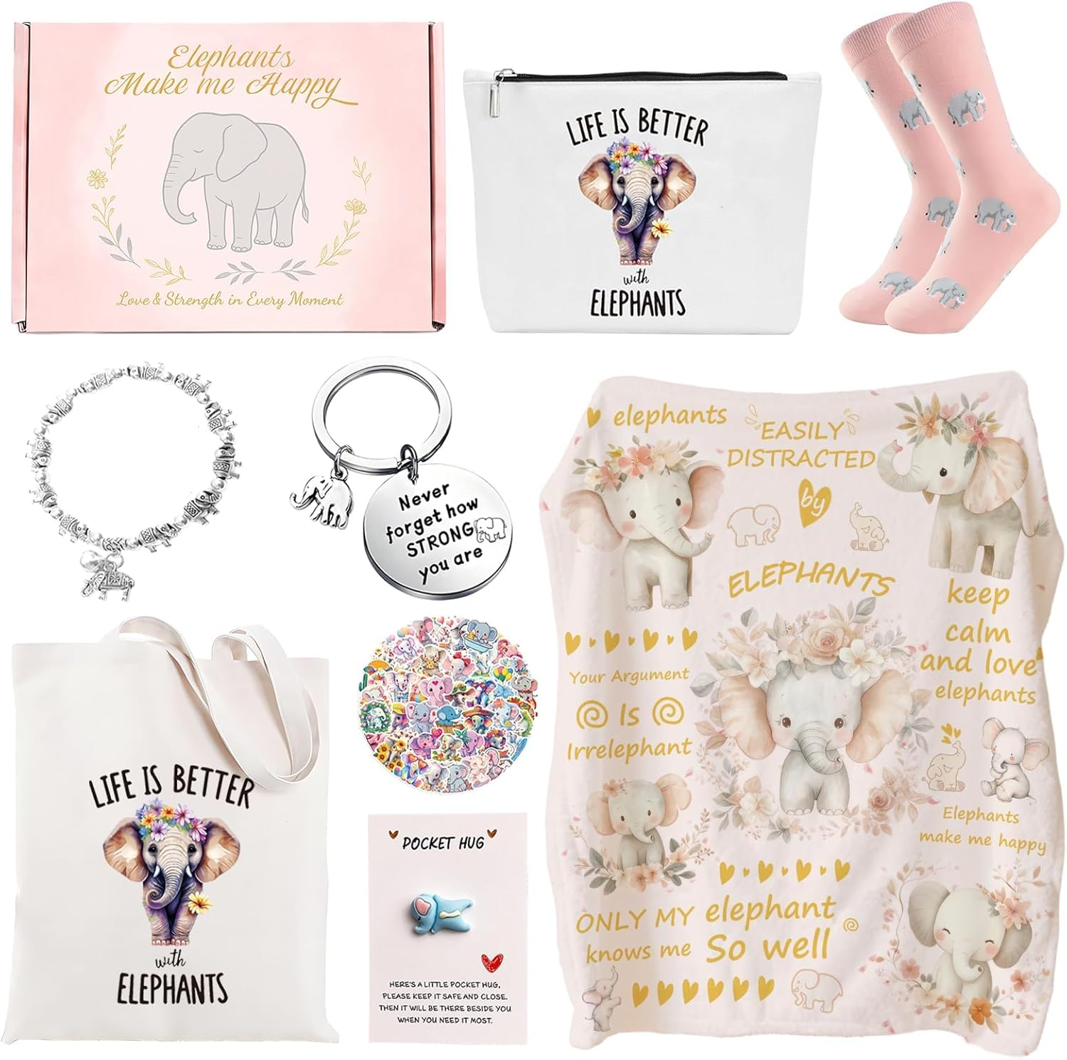 Elephant Gifts for Women, 8pcs Animal Gift Set With Elephant Blanket,Birthday Present With Tote Bag,Novelty Socks For Daughter,Mom,Sister,Friends