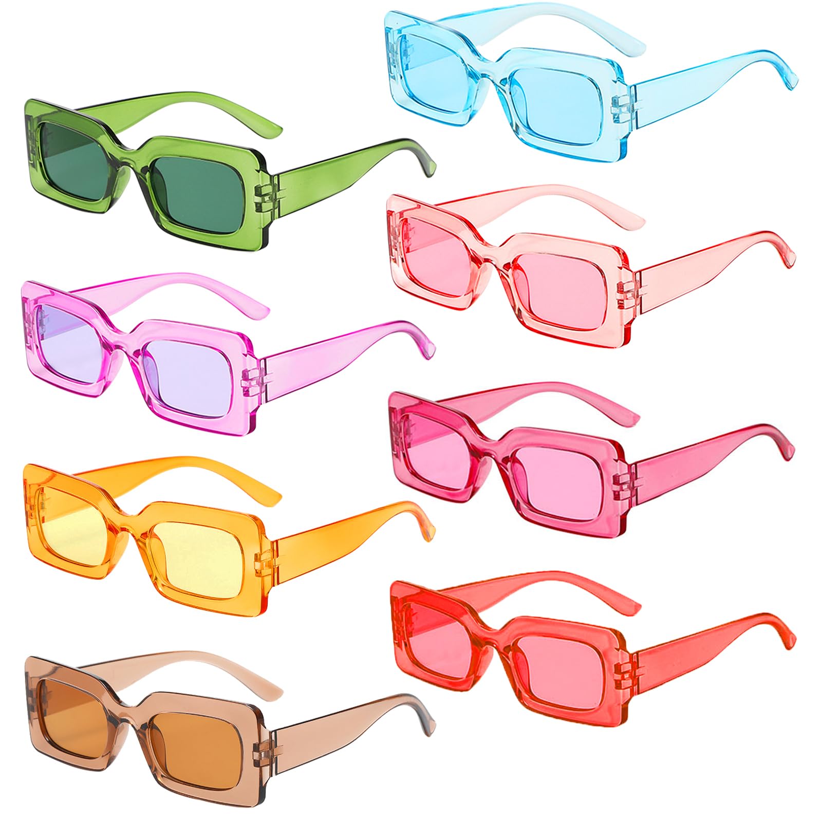 Pibupibu 8 Pack Retro 90s Rectangle Sunglasses for Women Men, Colorful Trendy Square Chunky Glasses Set