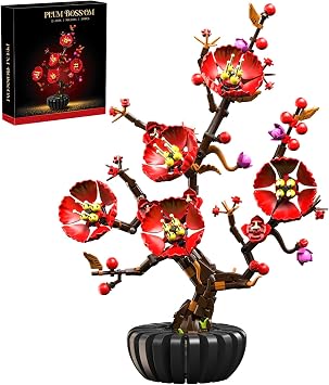 Plum Blossom Building Set, Artificial Flower Bonsai Model Kit for Adults, Creative Botanical Collection, Home Office Desk Decor, DIY Craft Kit, Birthday Gifts 599 Pcs