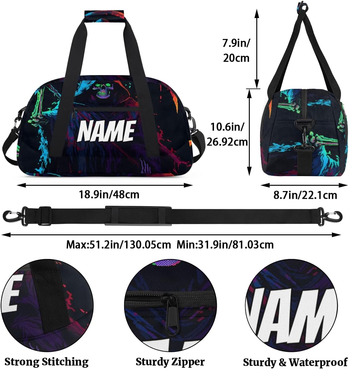 Custom Easter Skeleton Duffel Bag for Women Men, Personalized Sickle Ghost Sport Gym Duffel Bag with Name Travel Weekender Overnight Bags