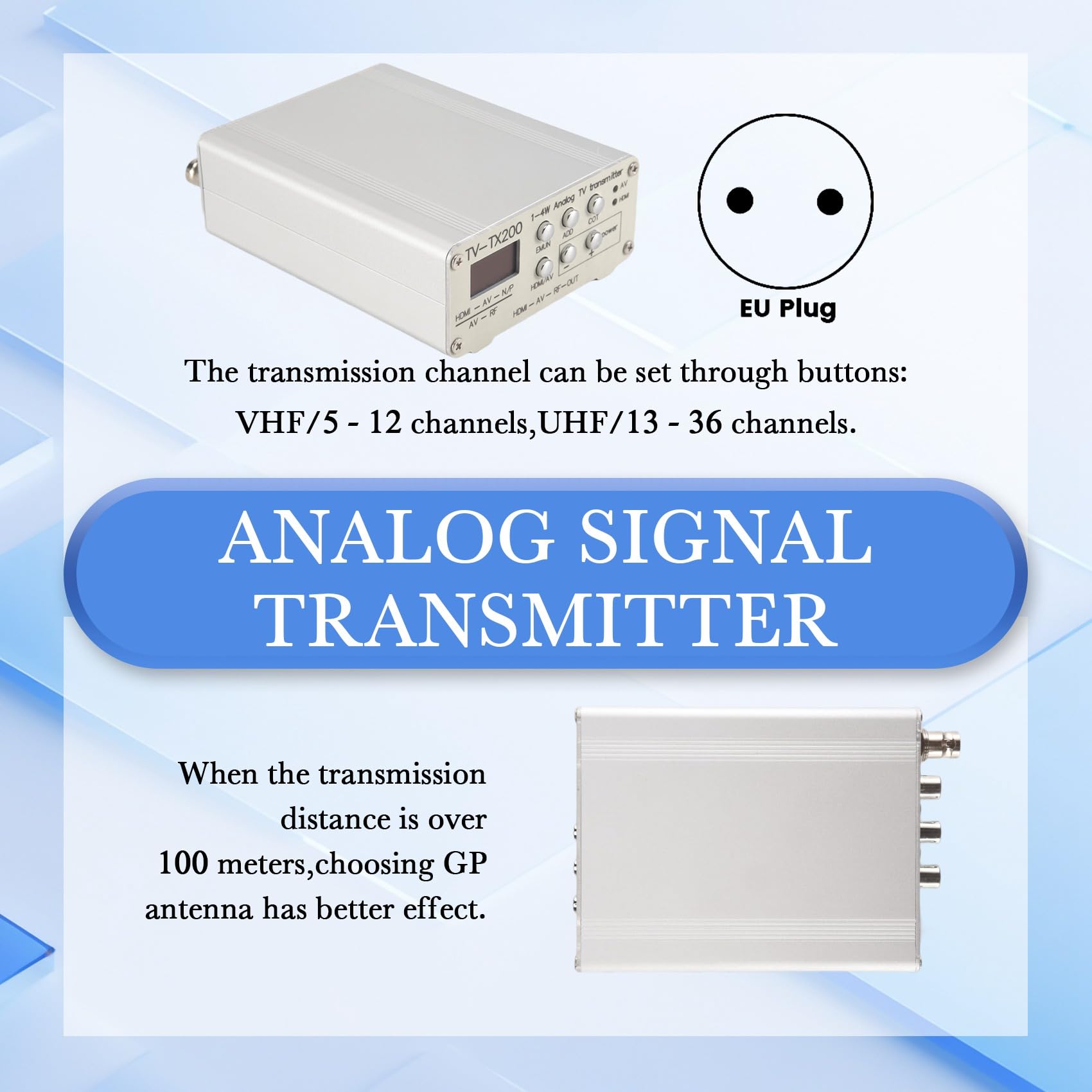 JANZU TV-TX200 Transmetteur TV Analogique VHF/UHF HD/AV avec Antenne Télescopique Prise UE