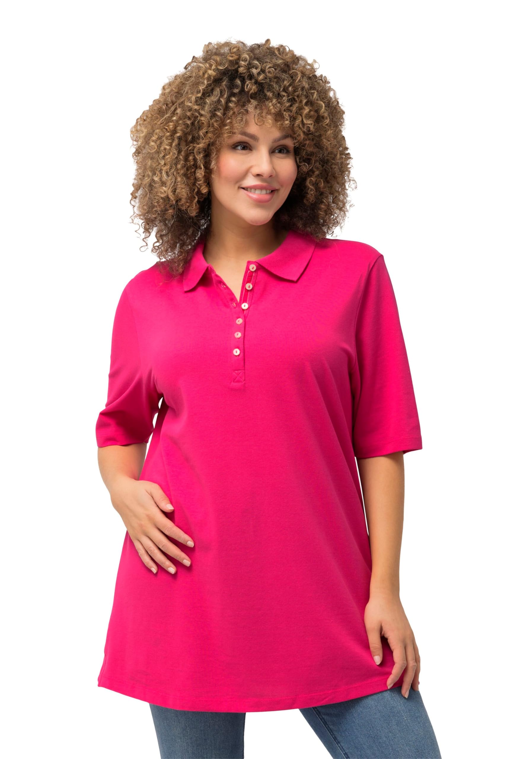 Ulla Popken Womenswear Plus Size Curvy Basic Pique Polo Shirt Magenta Pink 66+ 637297528-66+