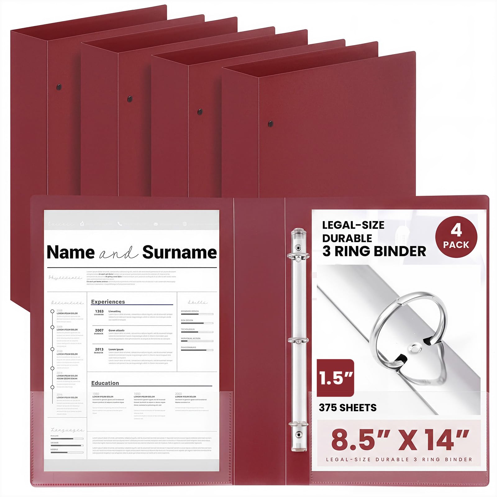 Henoyso 4 Pcs 8.5" x 14" Legal Size Binder, 3 Ring, 1.5 Inch, Dark Red