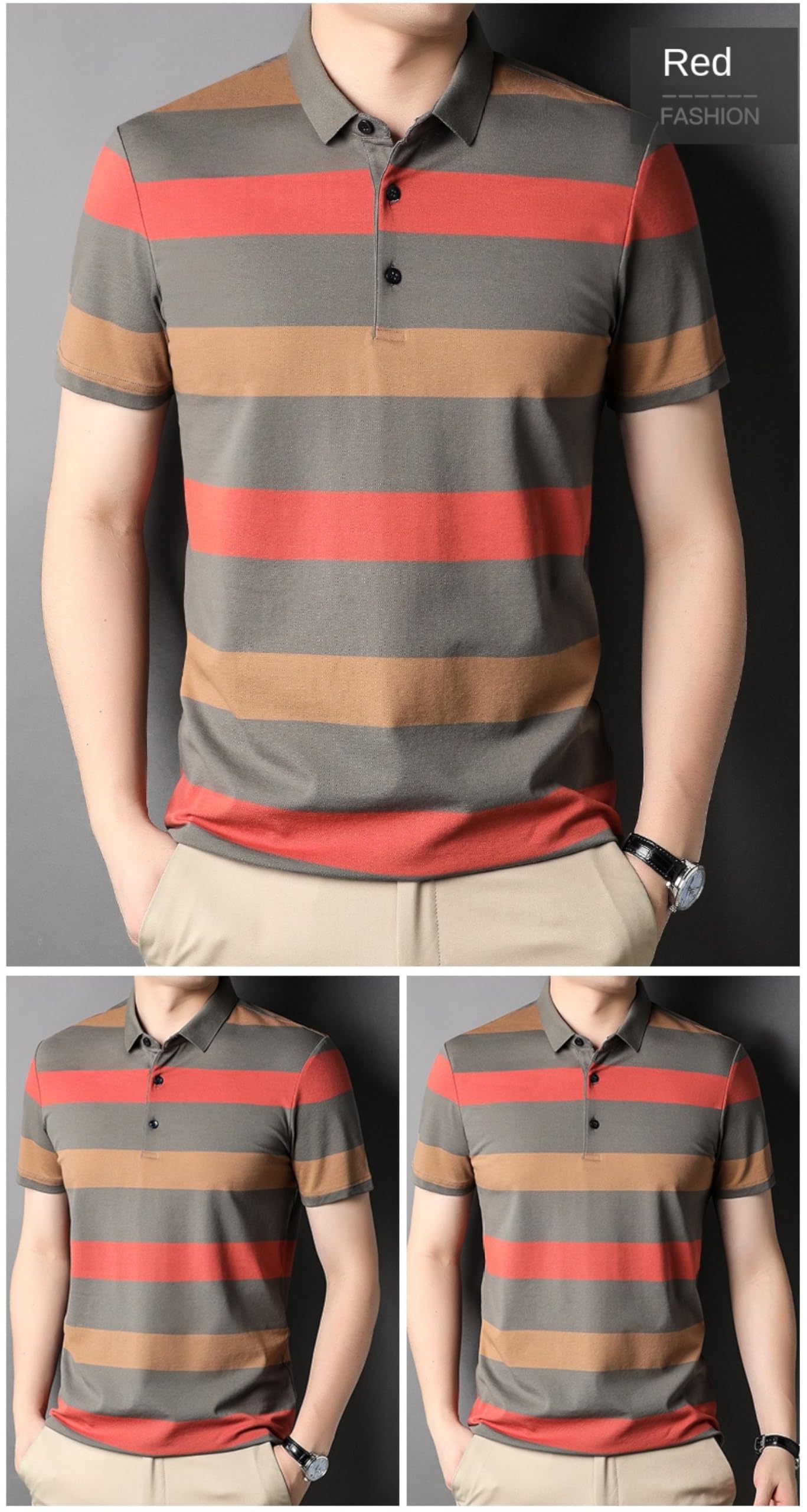 Moda Casual - Polo alla Moda in Cotone da Uomo, Manica Corta Estiva A Righe Rosse, Moda Casual, Abbigliamento da Uomo per Golf, Tennis, Lavoro