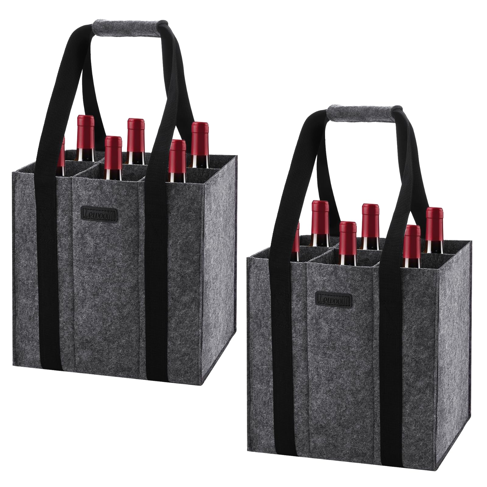 Lewooilt 2 Pack Wine Carrier Bag 6 Bottles, Reusable Felt Wine Bottle Bag Holder with Handles Shape-Retaining Bottle Bag for Transporting Liquor, Champagne, Beer, Drinks, Water Bottles, Dark Gray