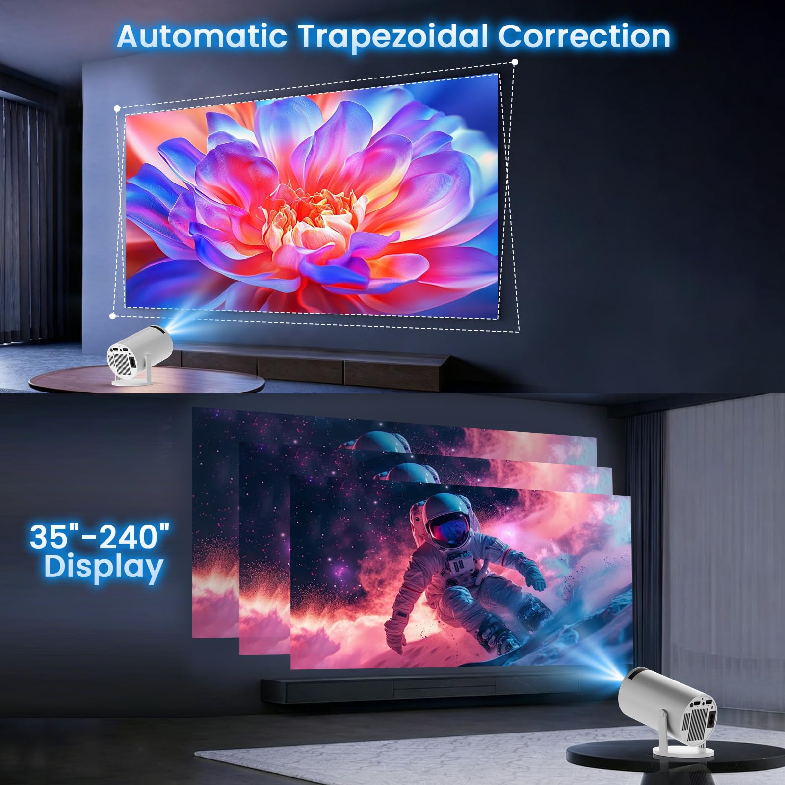 [2026 Modelo & App integrada] Proyector Portátil Soporte 4K 1080P Mini Proyector Dual Control con Ratón WiFi 6 BT5.2 Auto Keystone 180° Rotation Compatible con HDMI/TV Stick/USB/Laptop, Blanco