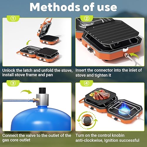 Miniatura 9 de Estufa de camping de propano ajustable de 2 quemadores con parrilla y bolsa de transporte, estufa de campamento plegable de 16,000 BTU, protección
