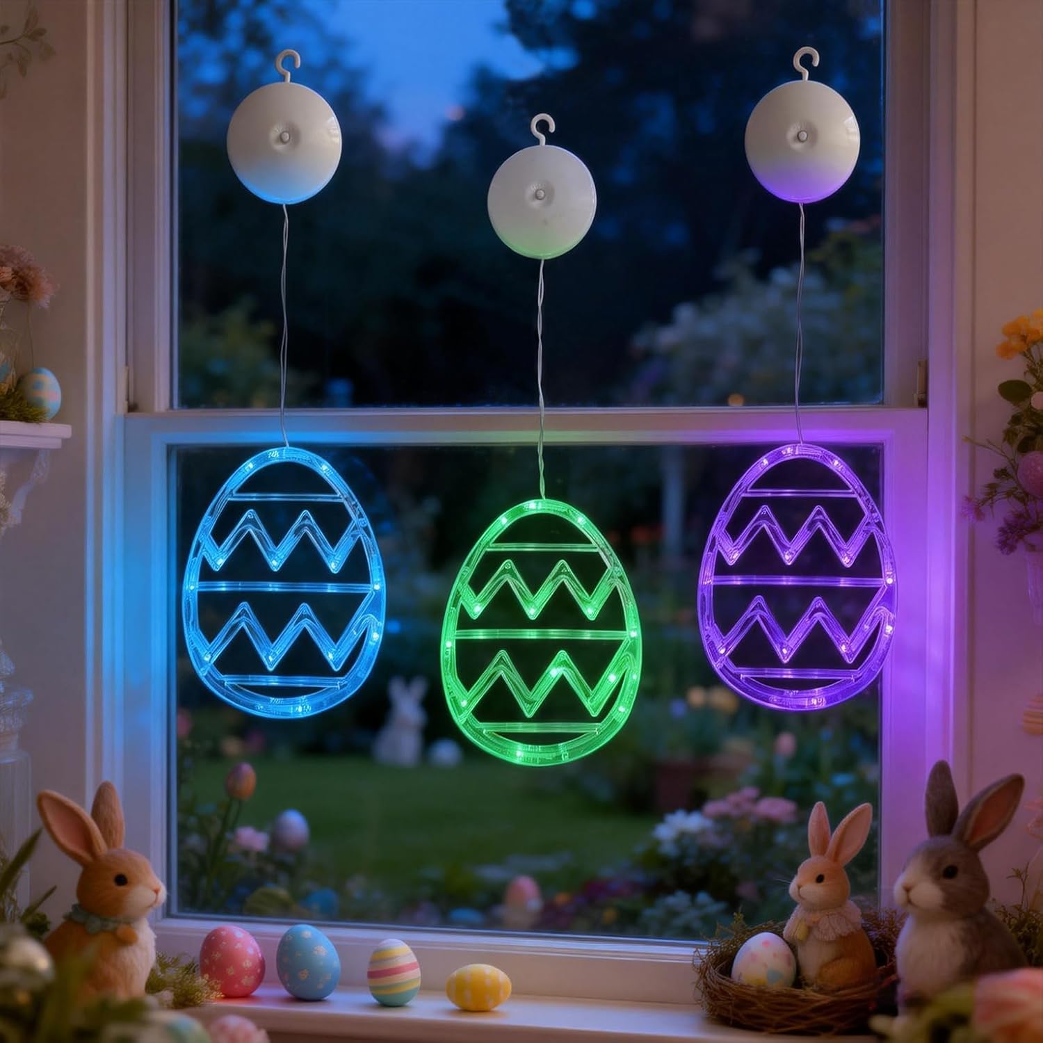Easter Window Lights Decorations, 3 Pack Easter Hanging Window Decor Purple Green Blue Egg Lights with Suction Cup, Indoor Battery Operated Egg LED Holiday Lamp for Door Window (Purple Green Blue)