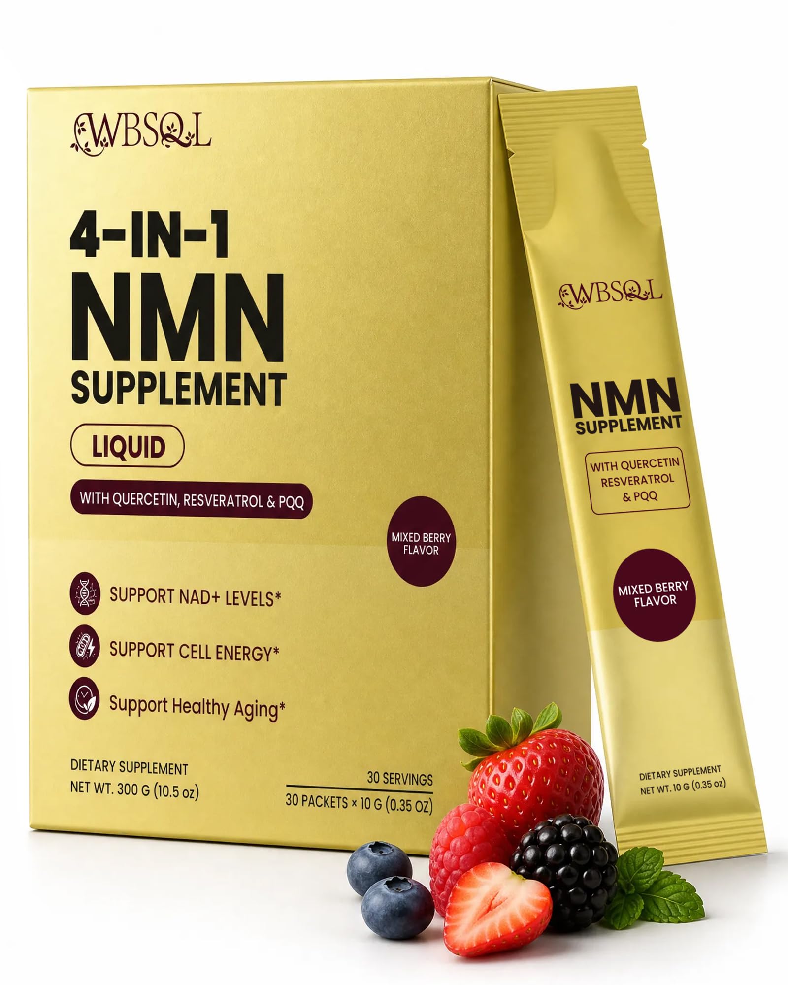 Liquid NMN Supplement, 4-in-1 Liposomal NMN Complex with Resveratrol, Quercetin & PQQ - Supports NAD+ Levels, Cellular Energy & Antioxidant Support - 30 On-the-Go Packets (Mixed Berry Flavor)