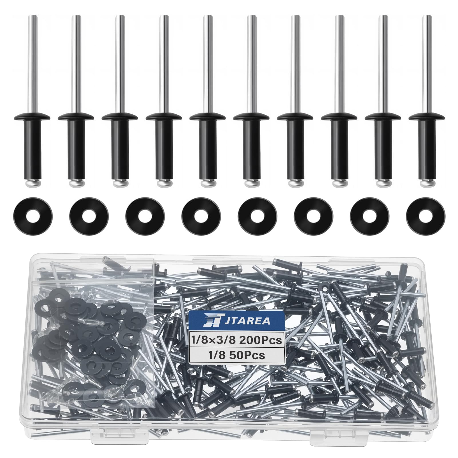 JTAREA 250pcs 1/8" x 3/8" Black Aluminum Pop Rivets with Stainless Steel Washers 3.2 x 10mm Blind Rivet Assortment Kit