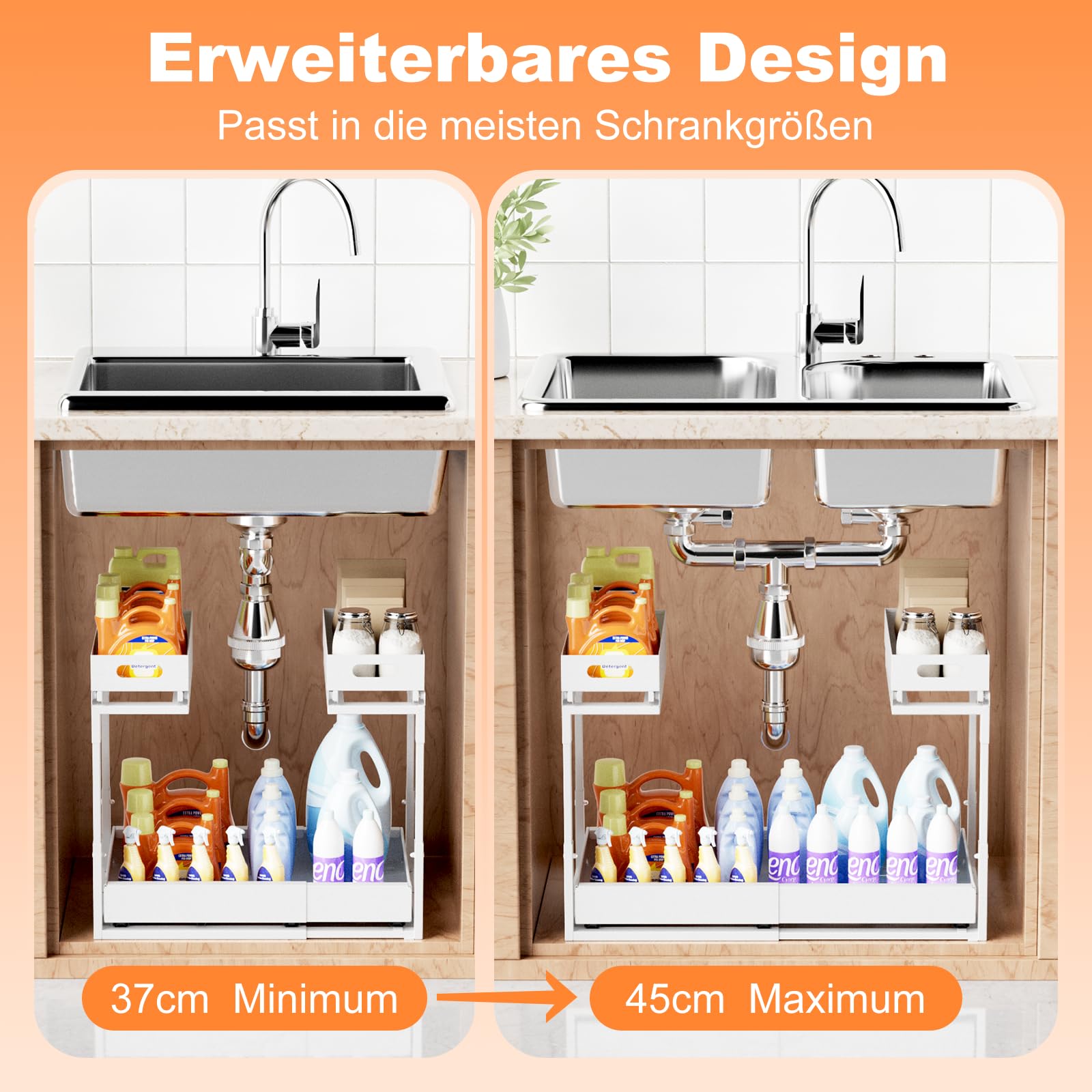 YJHome Upgrade 1 Stück Spülschrank Organizer Ausziehbare, Größe Metall Metall Spülenunterschrank Organizer Verstellbare Breite Höhe Under Sink Organizer für Küche, Bad, Unterschrank, Weiß