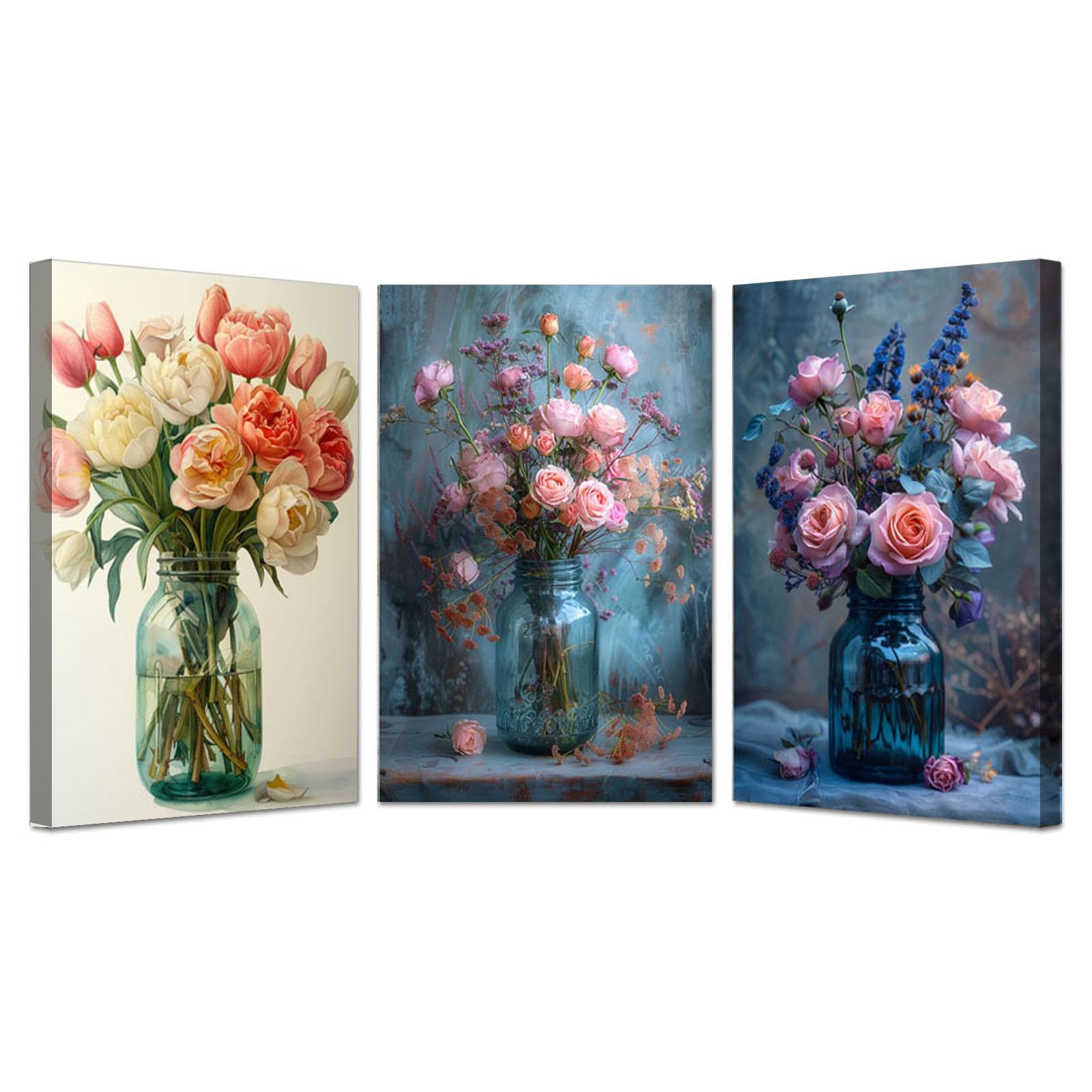 JOSUE 3Pcs Cuadros Flores Moderno Retro Floral Cuadros Infantiles Lienzo,Rosa, azul Cuadro Cartel Sala De Estar Cuarto De BañO Comedor Decorativos-40x60cmx3 Enmarcado