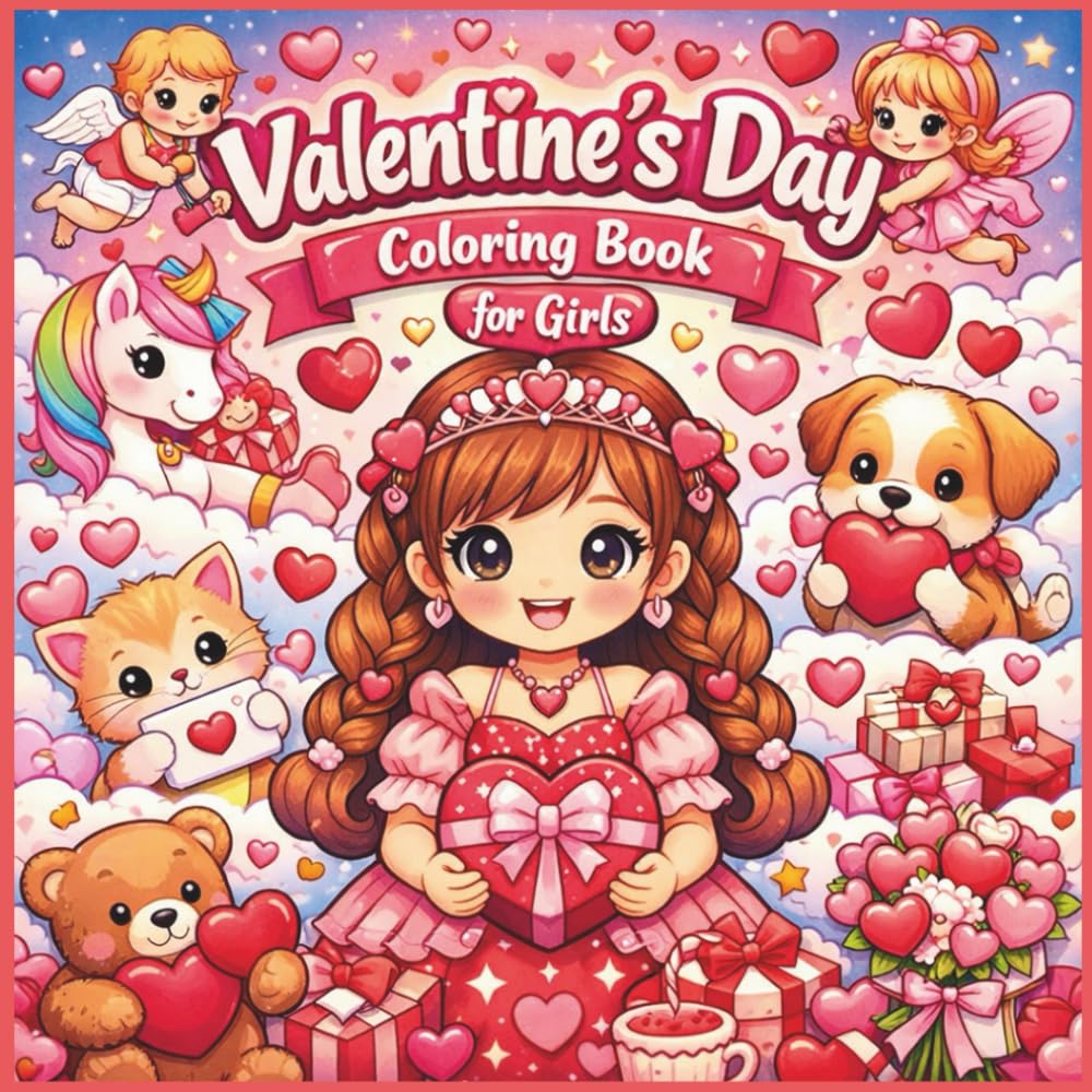 Valentine’s Day Coloring Book for Girls: Cute and Fun Valentine Coloring Pages with Hearts, Animals, Princesses, and Sweet Scenes for Kids