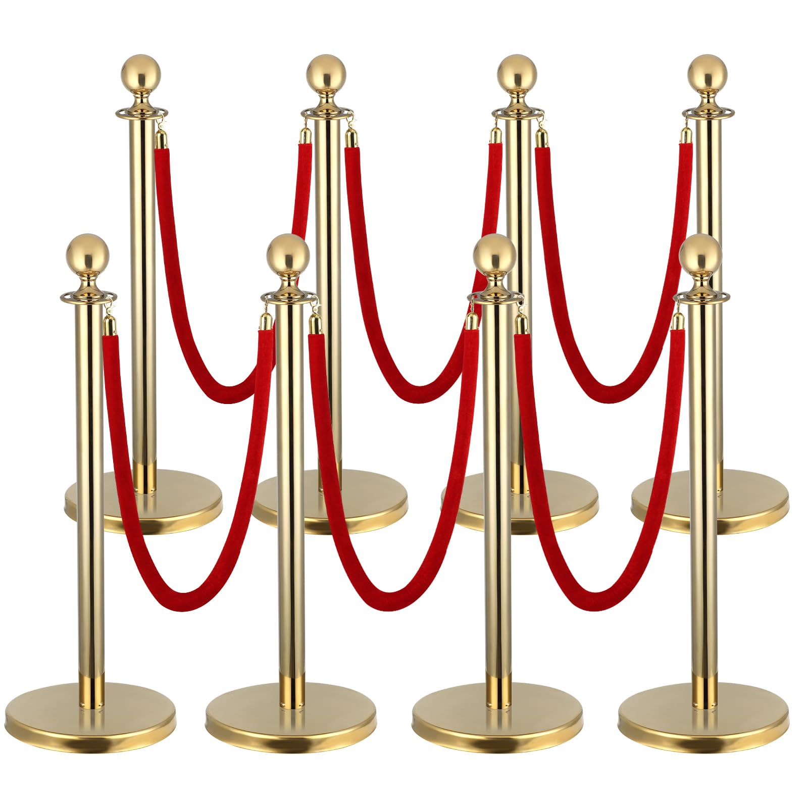 8 Pack Stanchion Post, 5 ft Red Velvet Rope Red Carpet Ropes and Poles, Stainless Steel Gold Stanchions for Grand Opening Casino Theme Party