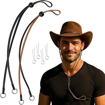 2 Pack Genuine Leather Hat Chin Straps Brown & Black Adjustable Hat Cords with Cotter Pins Real Cowhide Windproof Strap for Cowboy, Sun, Western, and Outdoor Hats for Men & Women
