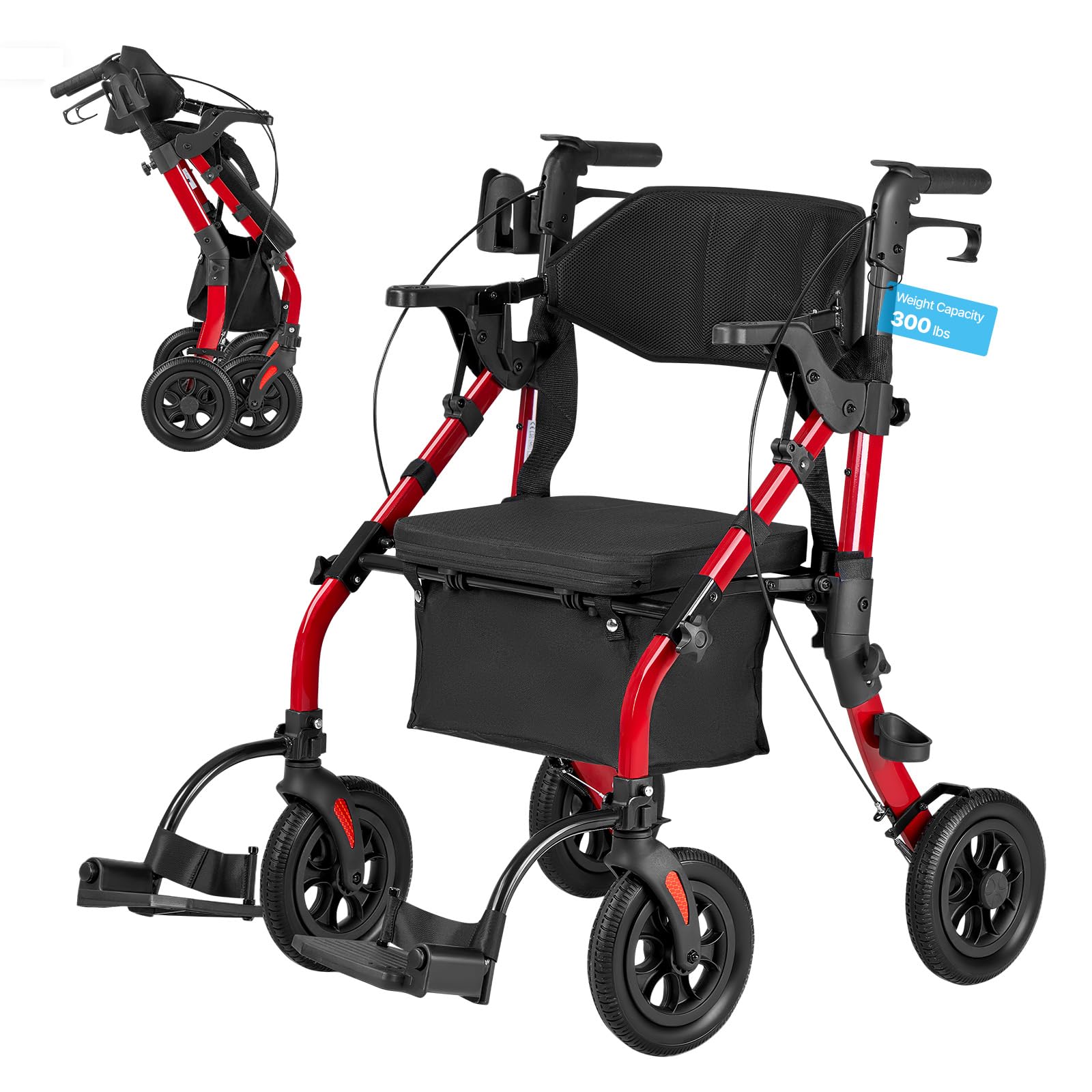 VEVOR Andador para Ancianos 2 en 1 con Asiento Soporta 136 kg, Ruedas de 25,4 cm, Silla de Transporte Plegable de Aleación de Aluminio, Reposabrazos Ajustable para Compras Exterior Personas Mayores
