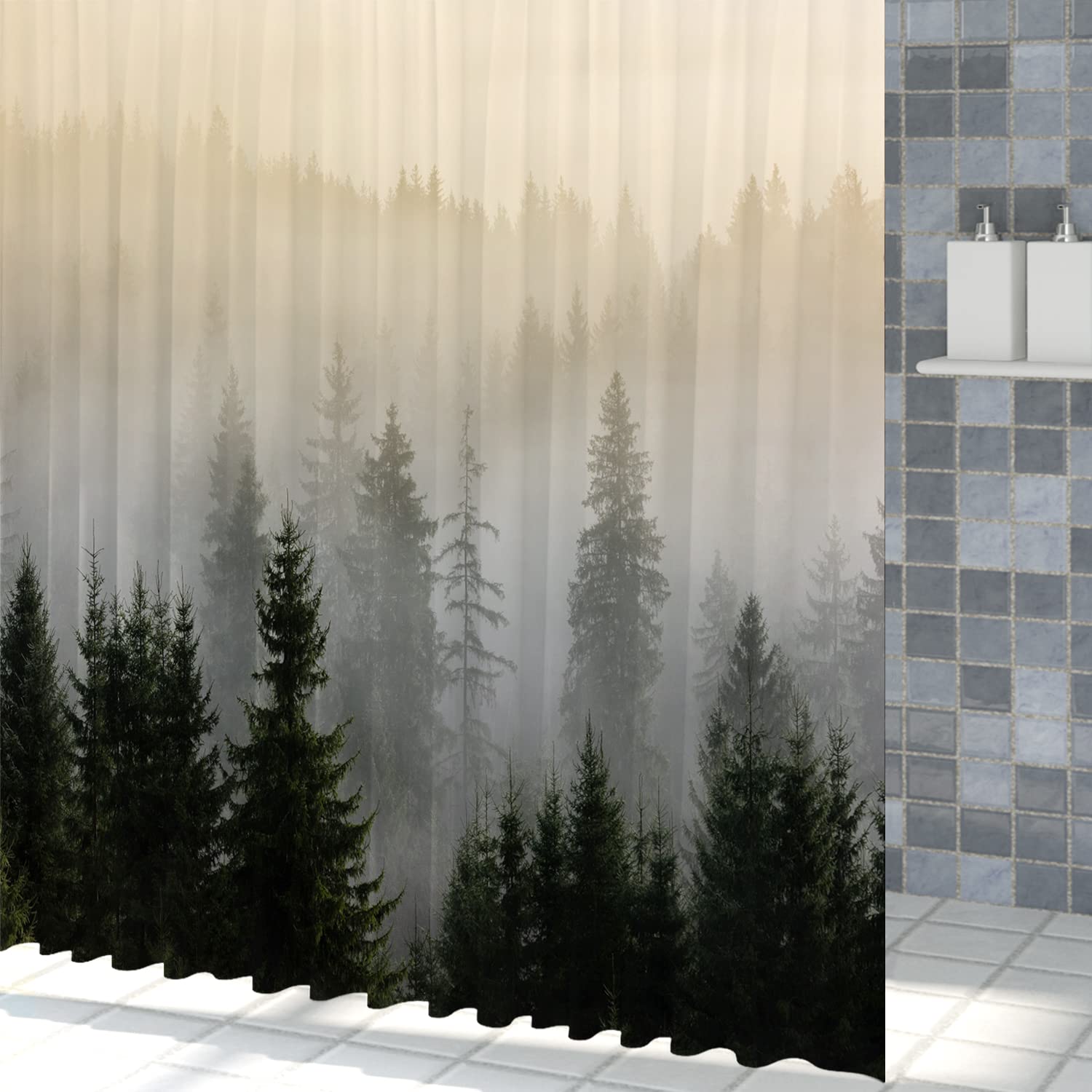 Misty Forest Duschvorhang – Neblige Berge & Kiefern, Wasserdicht, 152x183 Cm, Mit Haken