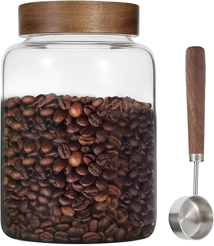 Tarros grandes de vidrio para café con cucharas de 60 onzas60.9 fl oz, recipiente redondo de almacenamiento con tapa de madera, tarro de alimentos