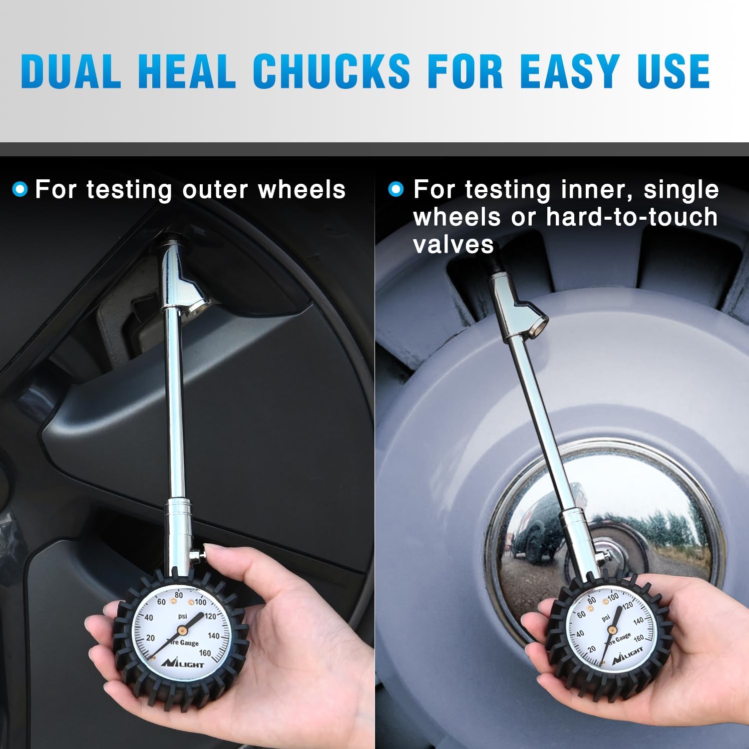 Nilight Tire Pressure Gauge 160PSI Heavy Duty Stainless Steel Dual Head Air Pressure Chucks ANSI B40.1 Certified Large 2" Dial Wheel Checker for Truck Semi Truck ATV Motorhome Cars & RV Accessories
