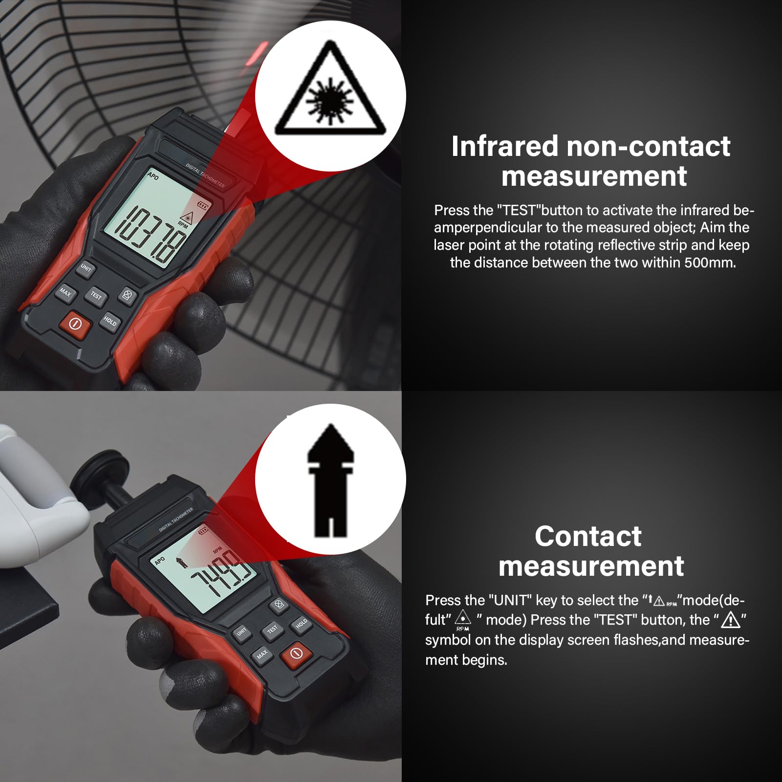 Compte-tours numérique, tachymètre 2 en 1 optique (3-99 999 tr/min) et contact (3-19 999 tr/min), distance de mesure 50-500 mm, réponse 0,8 s, max/min/moyenne pour voiture, industrie