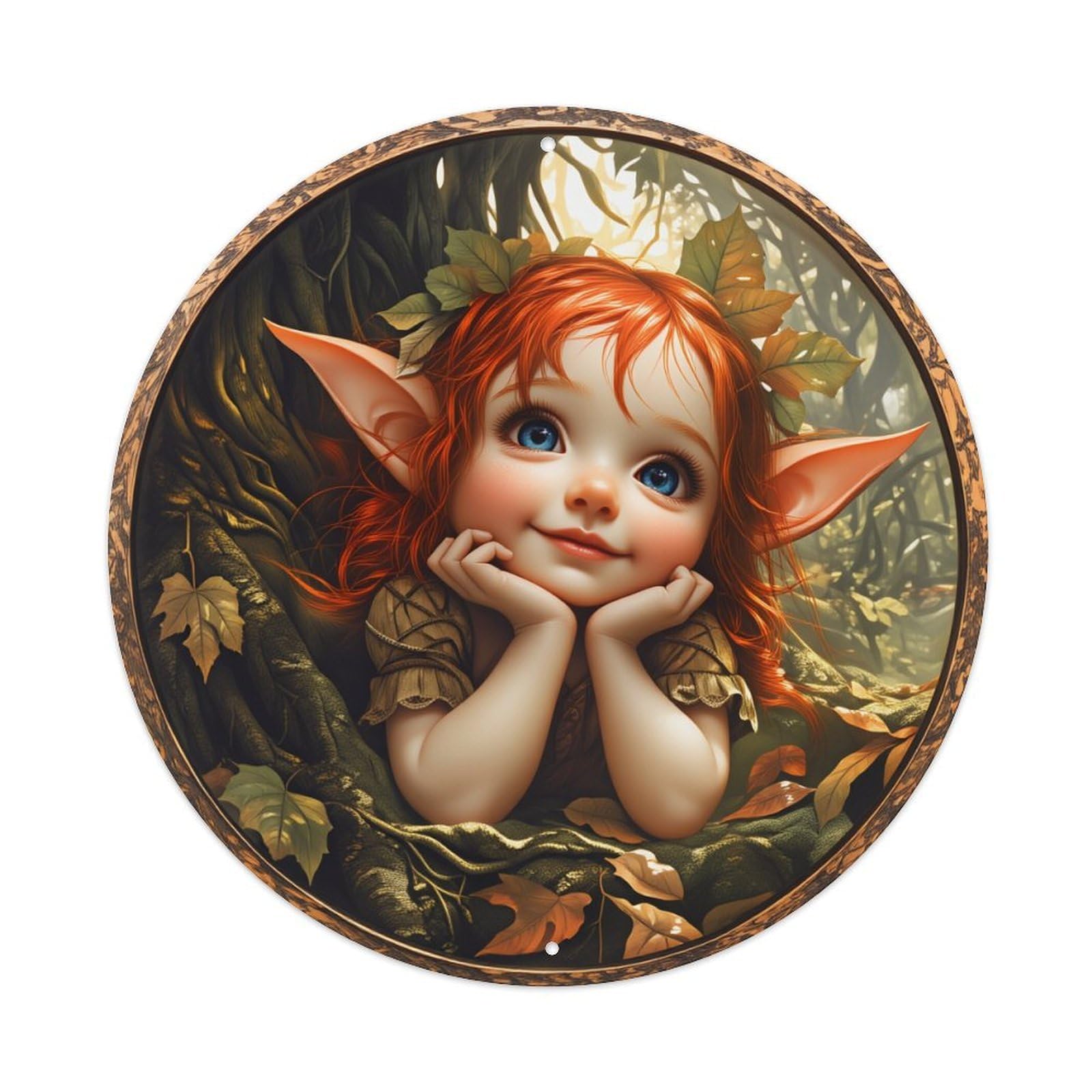 Elf Forest Child Leaves Nature Round Tin Sign Vintage Style Metal Sign Home Bar Garden Wall Plaque Decor Metal Poster 8x8 Inch