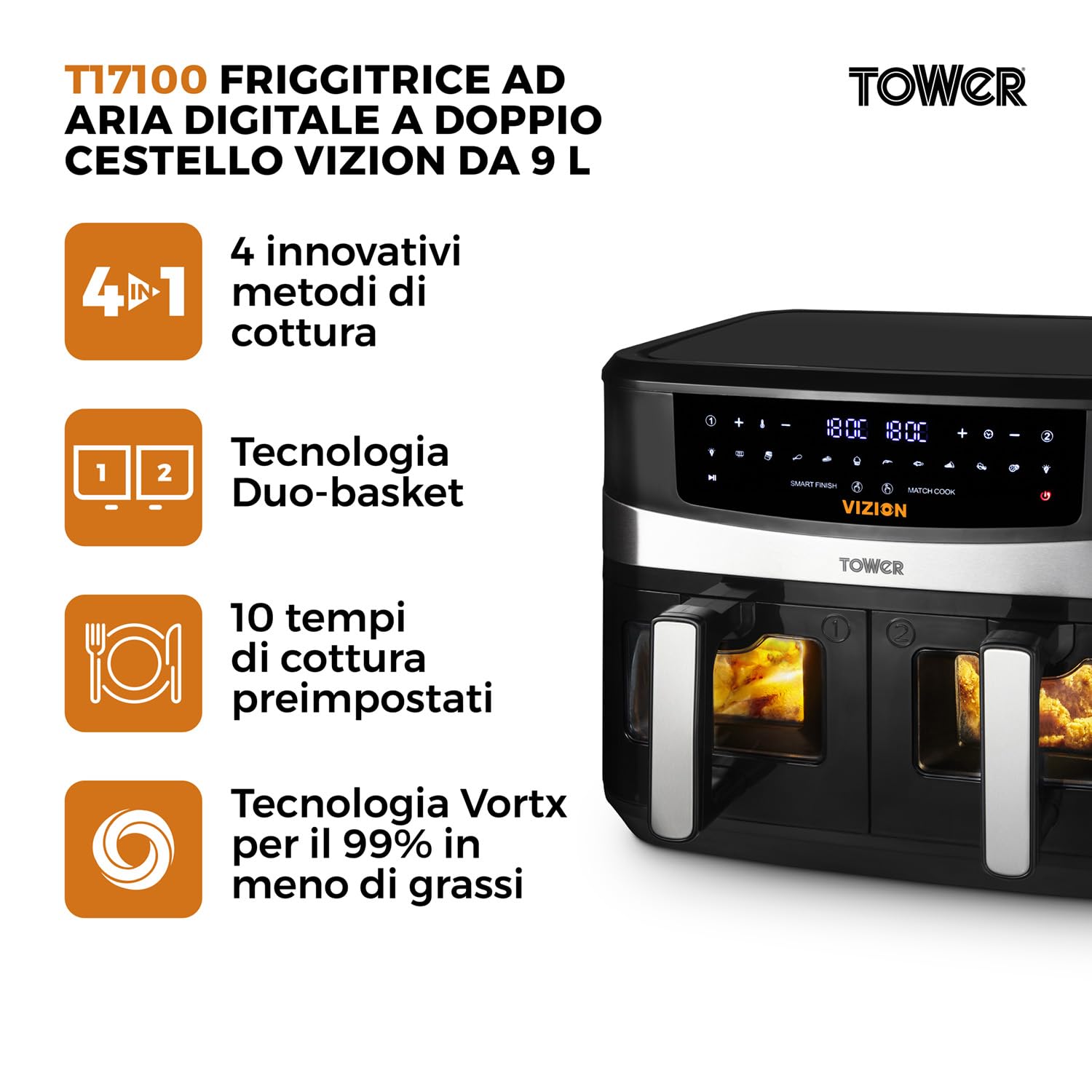 Tower, T17100, Vortx Vizion 9L Friggitrice ad Aria Doppio Cestello con Pannello di Controllo Digitale e 10 Preimpostazioni One-Touch, Elettrodomestici Cucina, Nero