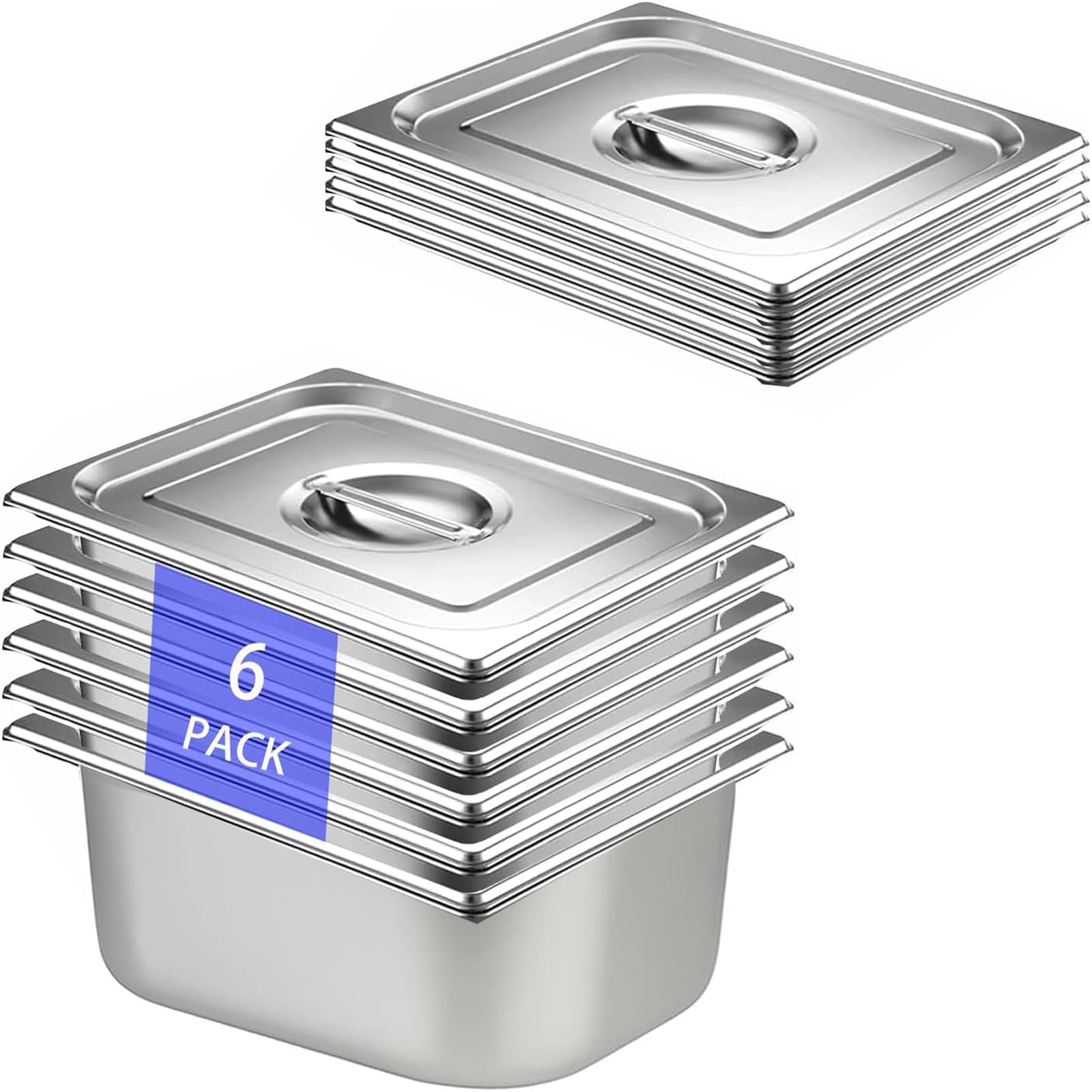 6 Stück GN 1/2 Behälter, 32,5 x 26,5 x 15 cm Edelstahl Behälter mit Deckel, Gastro Behälter für Speisen, Torten, Hotelpfanne Tisch Food Pan