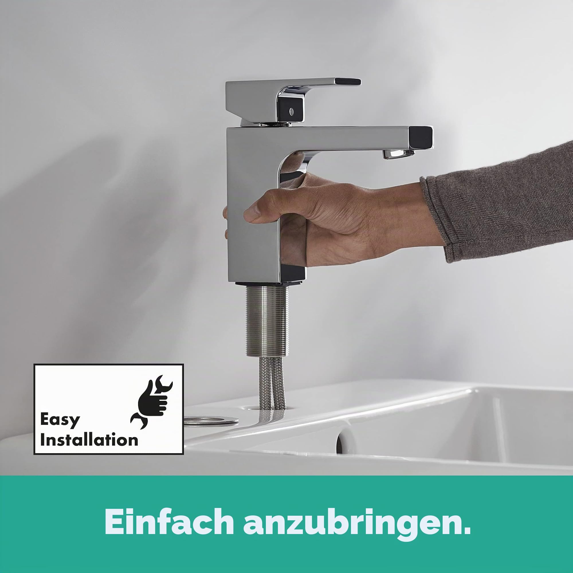 hansgrohe Vernis Shape - Waschtischarmatur mit Zugstangen-Ablauf, Wasserhahn Bad mit Auslauf Höhe 95 mm, Mischbatterie Waschbecken wassersparend (EcoSmart), Chrom, 71561000