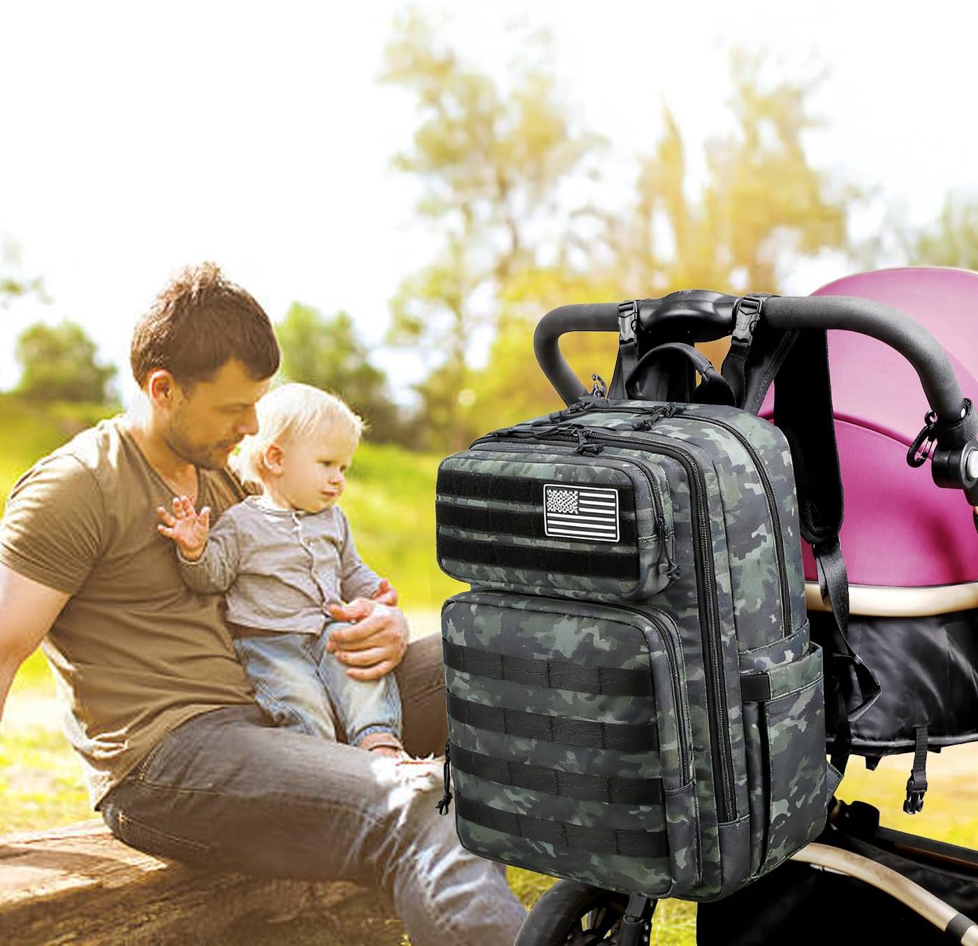 Dad Diaper Bag with Insulated Pockets, Stroller Clips and Luggage Sleeve for Travel, Large Tactical Diaper Bag for Men, Camo Black