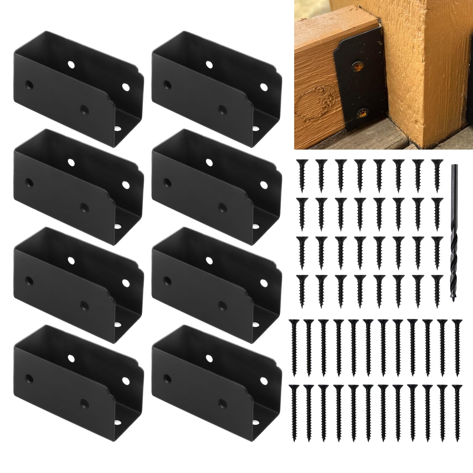 CNQLIS 8Pcs Deck Railing Bracket Connectors for 2" x 4" Railing Wood Posts with Mounting Hardware and Drill Bit（Black）