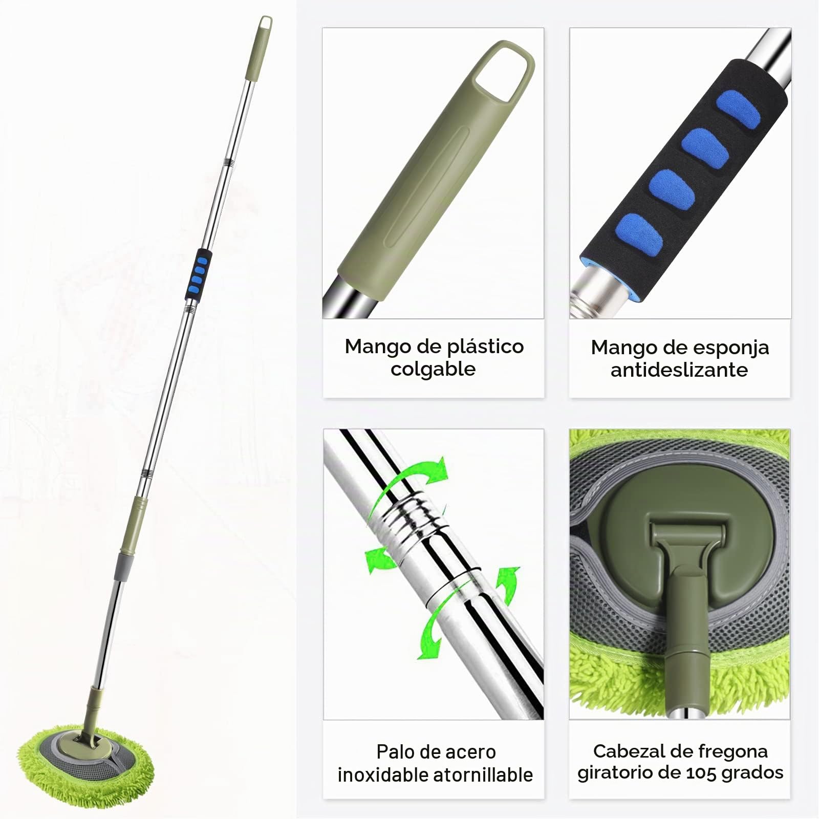 Limpiador de Pared, mopa de Pared MAX de 66 Pulgadas con Mango Largo, mopa de Polvo de Techo con Poste de extensión de Codo de Ahorro de Mano de Obra de 15°, Limpiador de limpiaparabrisas de zócalo,