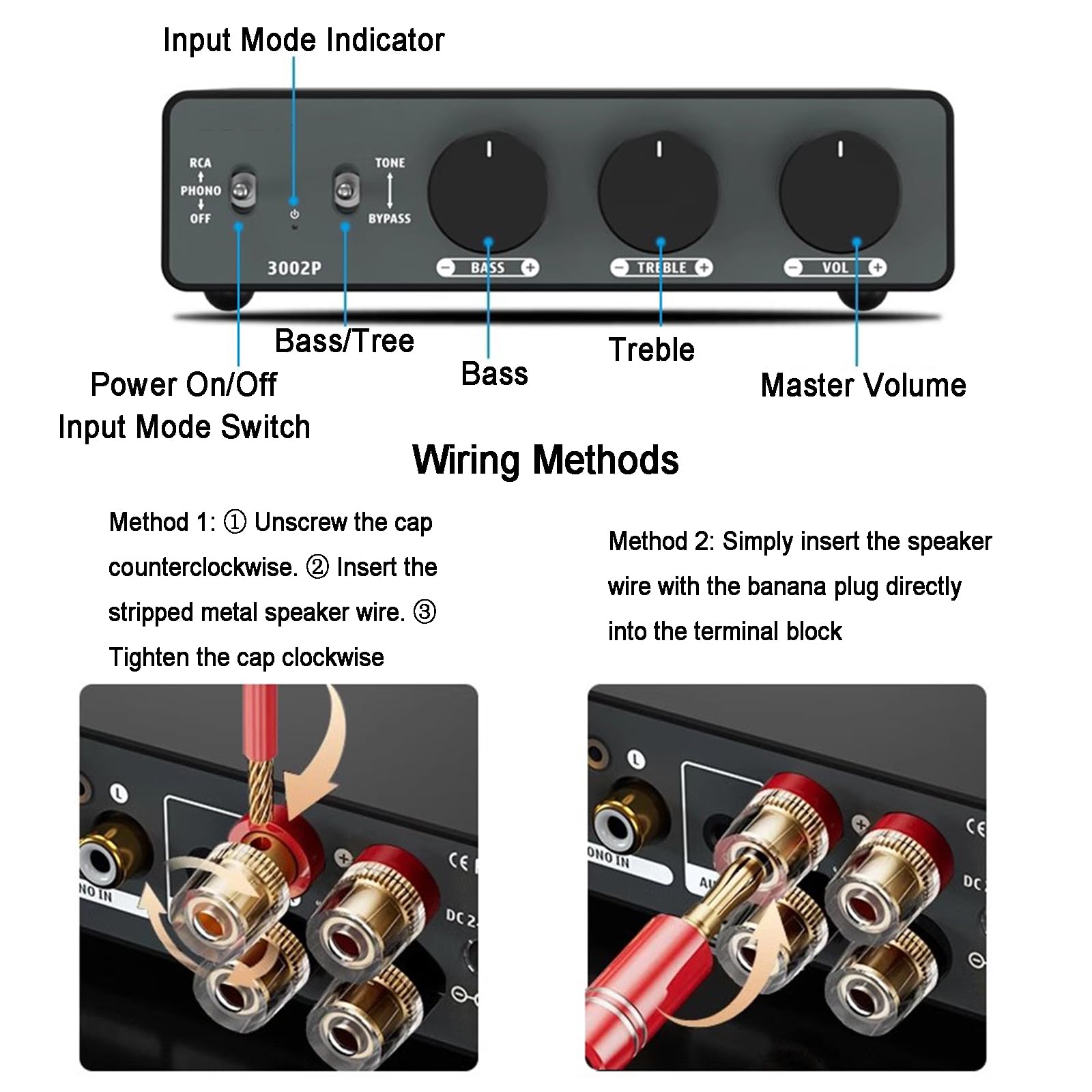 Amplificador De Fono Para Tocadiscos, Miniamplificador De Potencia HiFi De 2 Canales Estéreo Clase D, 300 W X2, Con Entrada RCA/PHONO Y Ajuste De Agudos Y Graves, Para Tocadiscos M/M