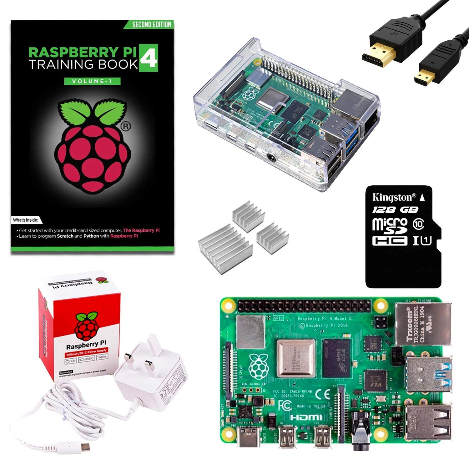 sb components Raspberry Pi 4 Starter Kit (Raspberry Pi 4 Modello B 2GB, custodia protettiva trasparente, alimentatore, cavo Micro HDMI e scheda MicroSD da 128 GB)