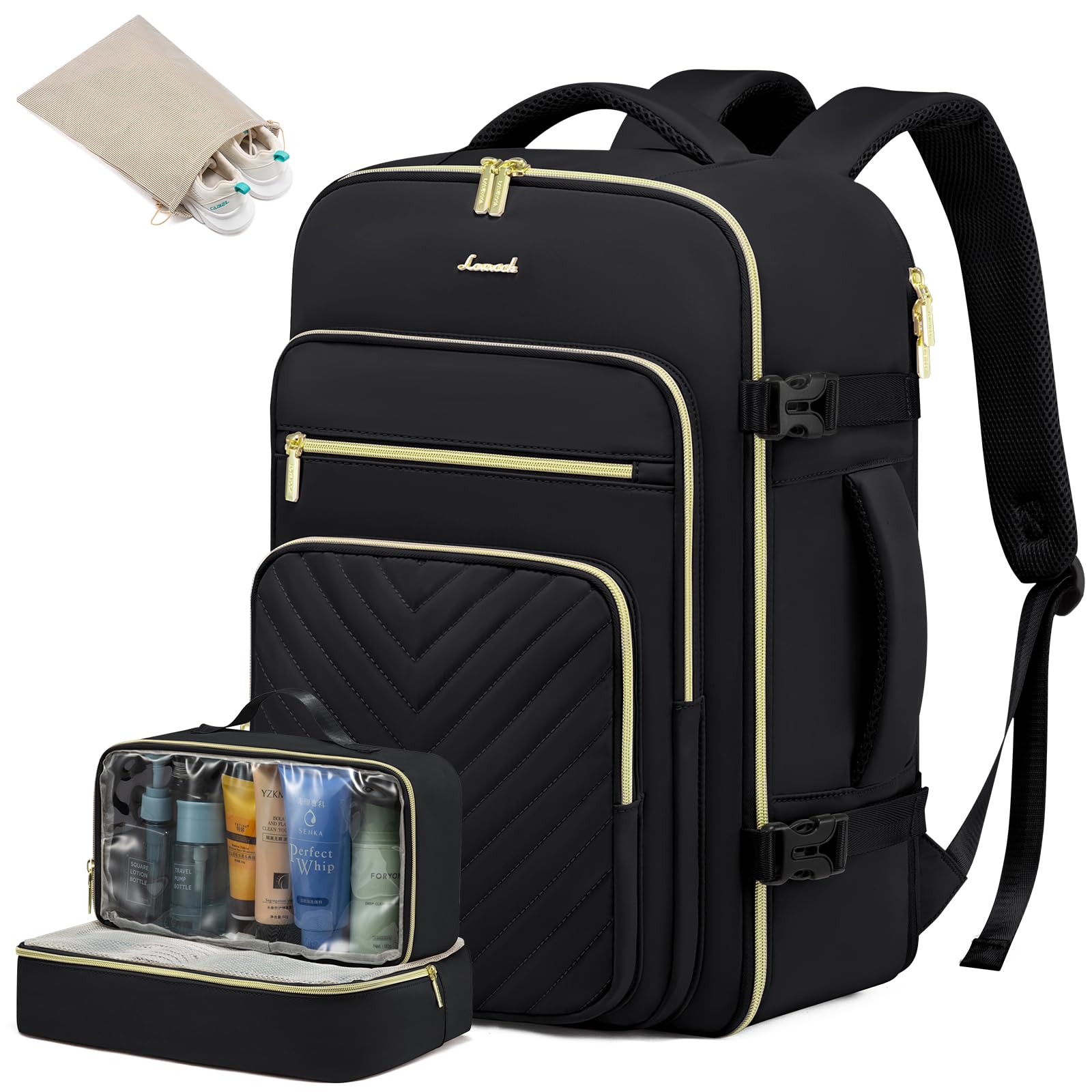 LOVEVOOK Zaino da Viaggio Aereo Bagaglio a Mano, Impermeabile Zaini Trolley Donna 40L Cabin Max per Ryanair Easyjet 45x33x20, Grande Zaino Porta PC 17 Pollici Valigia Borsa a Zainetto, Nero