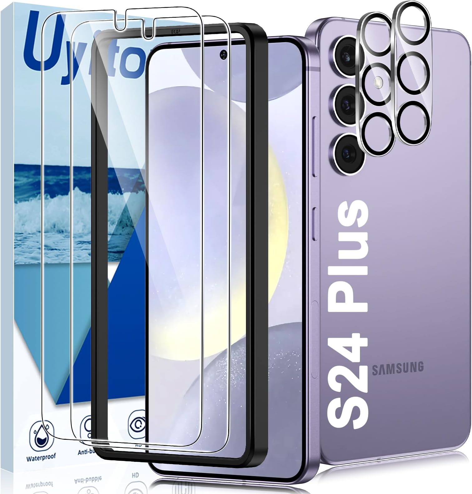 UyitonScreen Protector for Samsung Galaxy S24 Plus, [Pack of 2 S24 Plus Film and 2 Pieces S24 Plus Camera Protection], 9H Hardness Protective Glass Screen Protector HD Clear Tempered Glass for