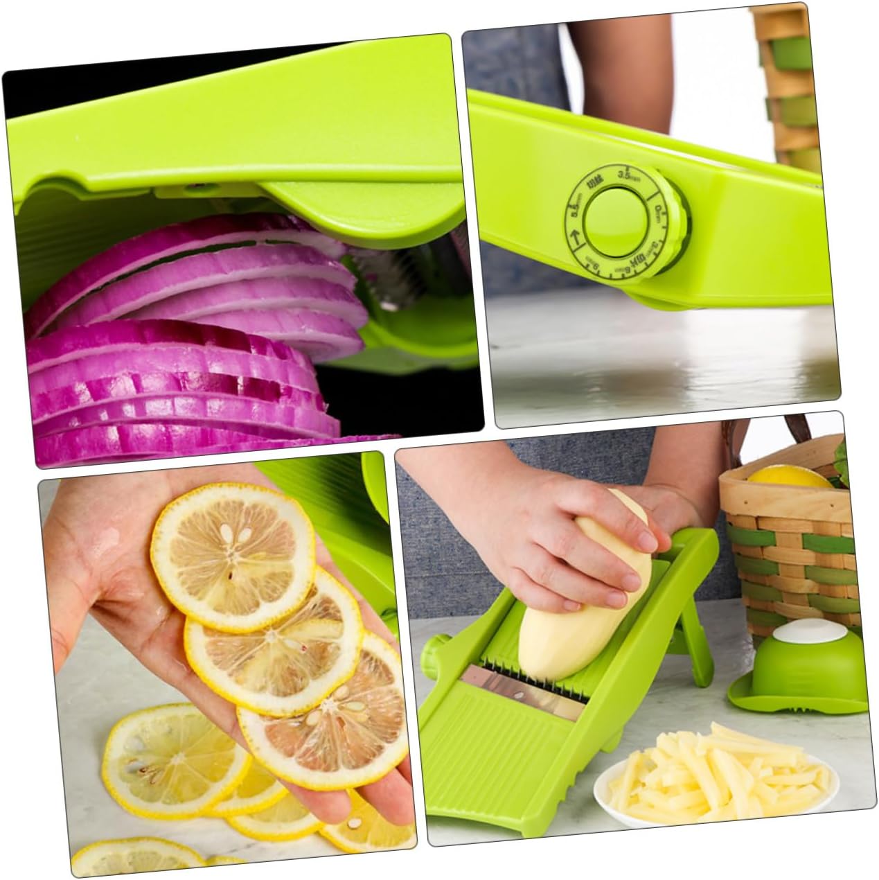FRCOLOR Manual Potato Grater and Vegetable Slicer Kitchen Tool with Green Handle Multipurpose Handheld Mandoline for Easy Food Prep and Vegetable Shredding