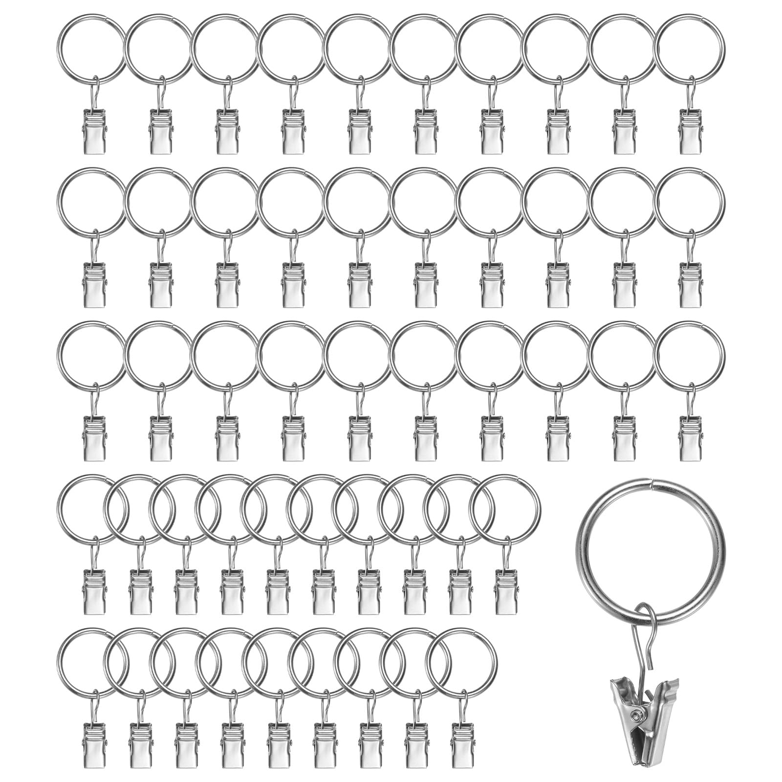 M METERXITY 100-Pack Mist Silver Curtain Rings with Clips, Rustproof Metal Curtain Hooks with Clips