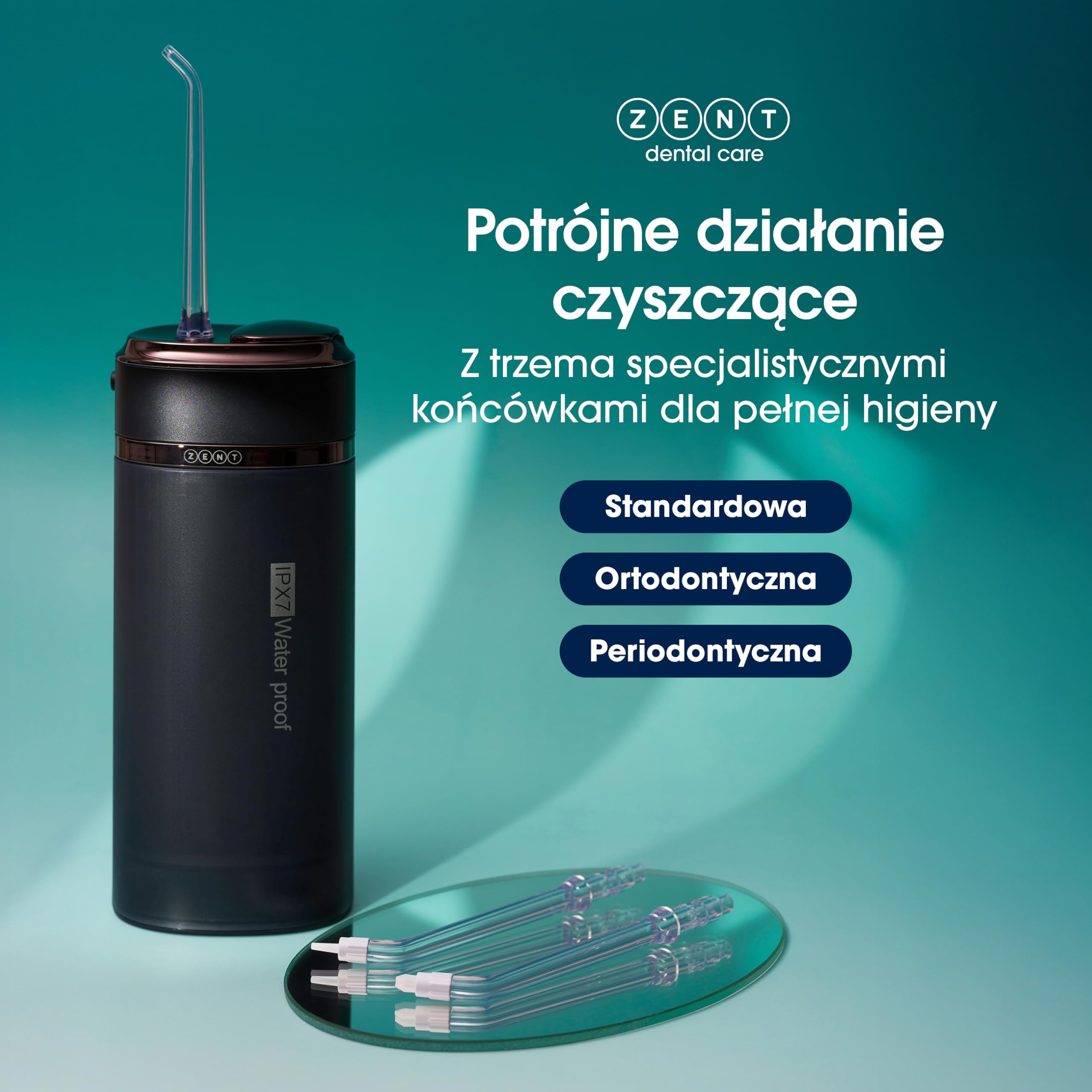 ZENT Stream+ Irygator wodny, Zaawansowana technologia obrotowa 360°, 3 Specjalne końcówki, Regulowane ciśnienie, Usuwanie płytki nazębnej, Wytrzymała bateria, Kompaktowe rozmiary, Niebieski