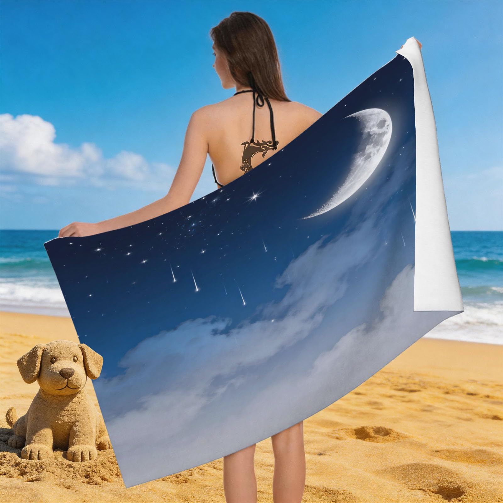 Leichong Men's Blue 3D Moon Beach Towel Microfiber Soft Quick Dry For Adults, Chic Bath Towel Lightweight Soft Absorbent For Travel Swimming Pool Sports, 75 X 150 Cm