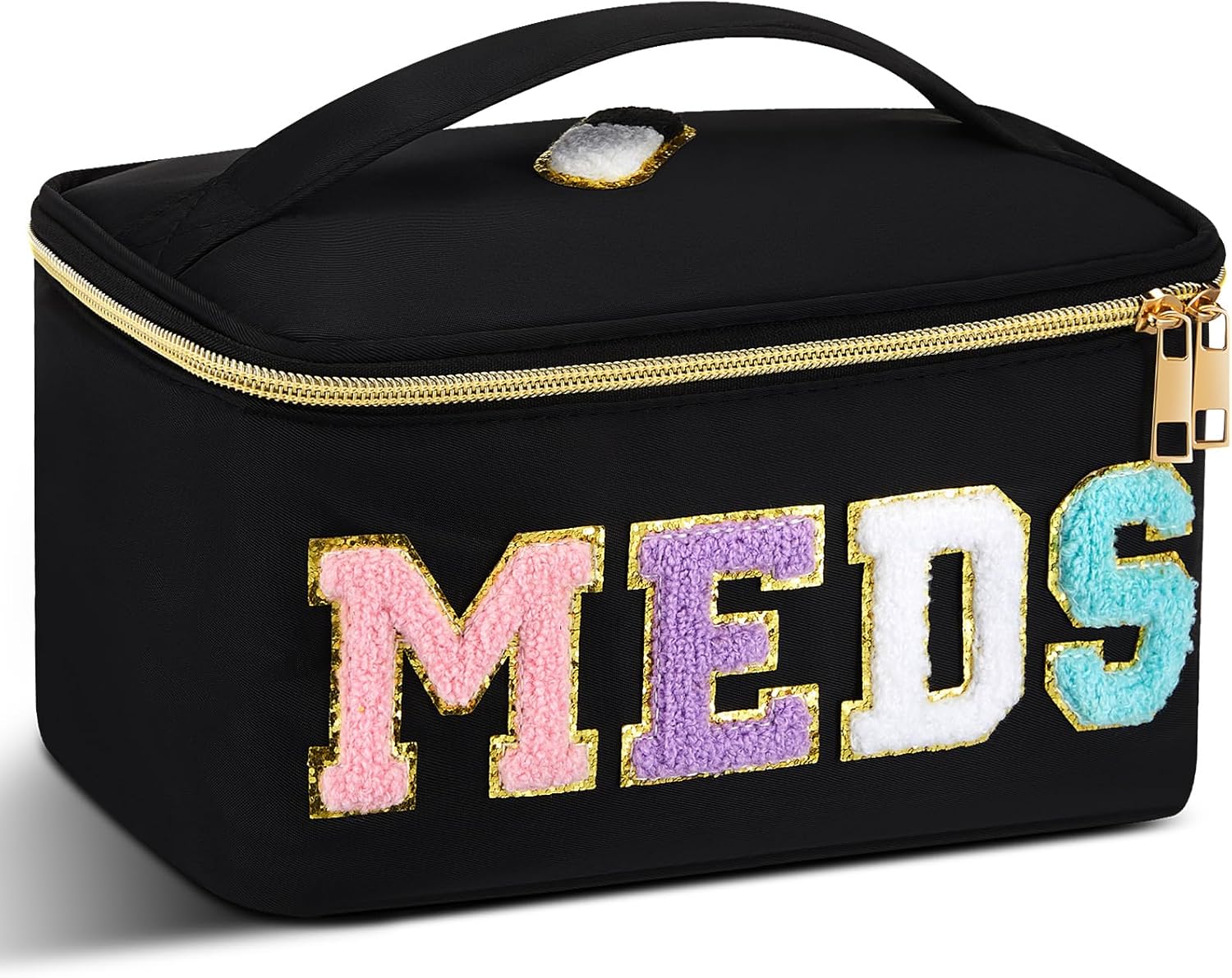 Geetery Clear Makeup Bag Chenille Letter Meds Bag Travel Cases Preppy Patch with Zipper, Portable Cosmetic Toiletry Storage case for Women(Meds,Black)