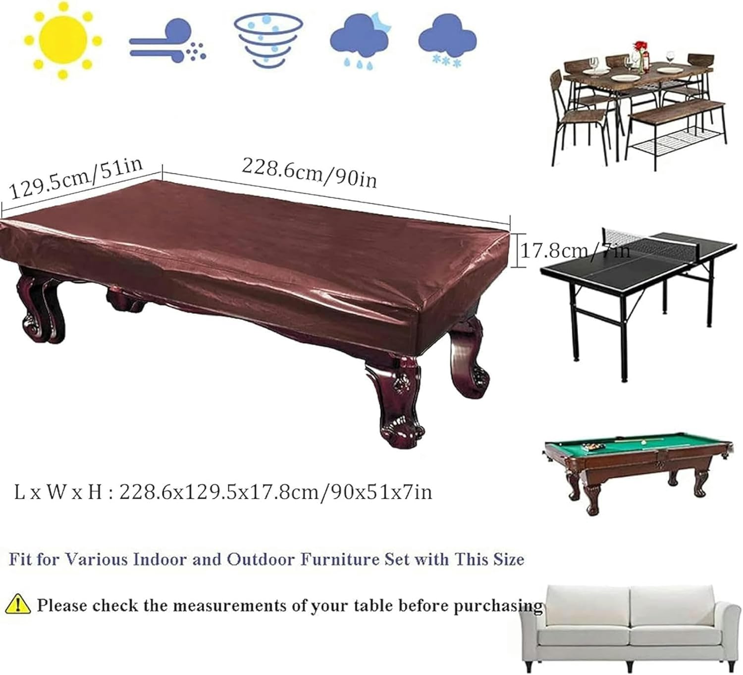 Pool Table Cover Hard, Premium Heavy Duty Leatherette Pool Table Cover, 8-Foot Durable Waterproof Uv Protection Fitted Billiard Game Table Dust Storage Cover for Furniture Set,Brown