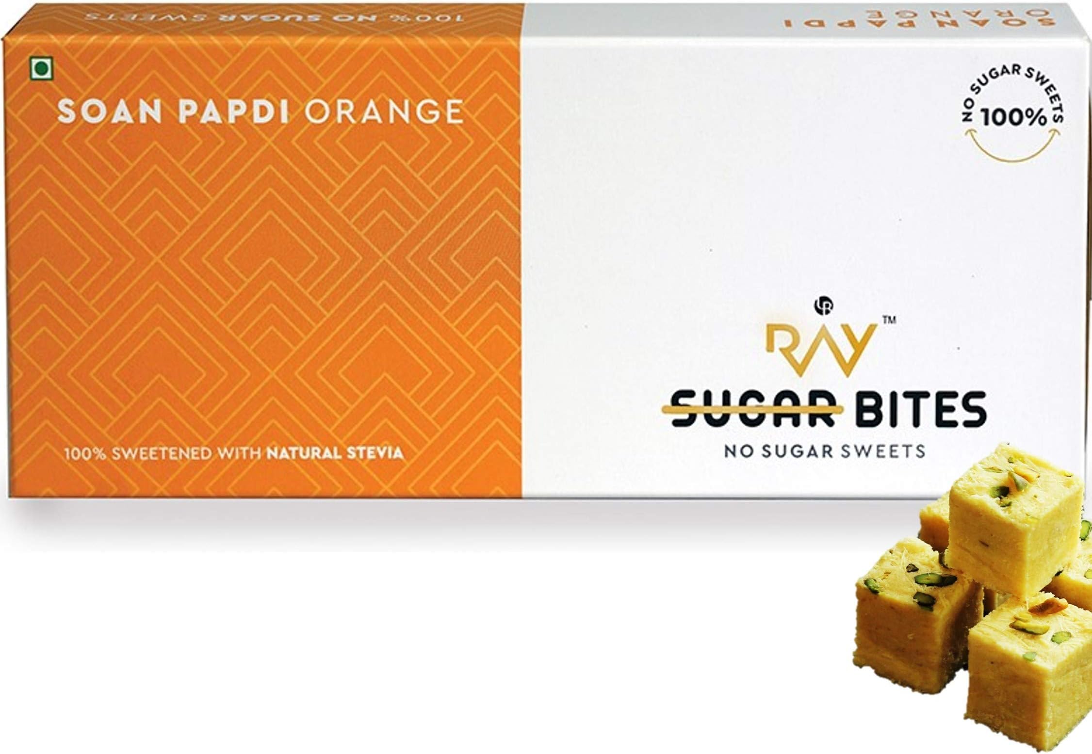 No Sugar Bites Soan Papdi- 100% Sugar-Free Indian Mithai Made with Natural Plant Sweetener Stevia (Flavour - Orange) (200 gm)