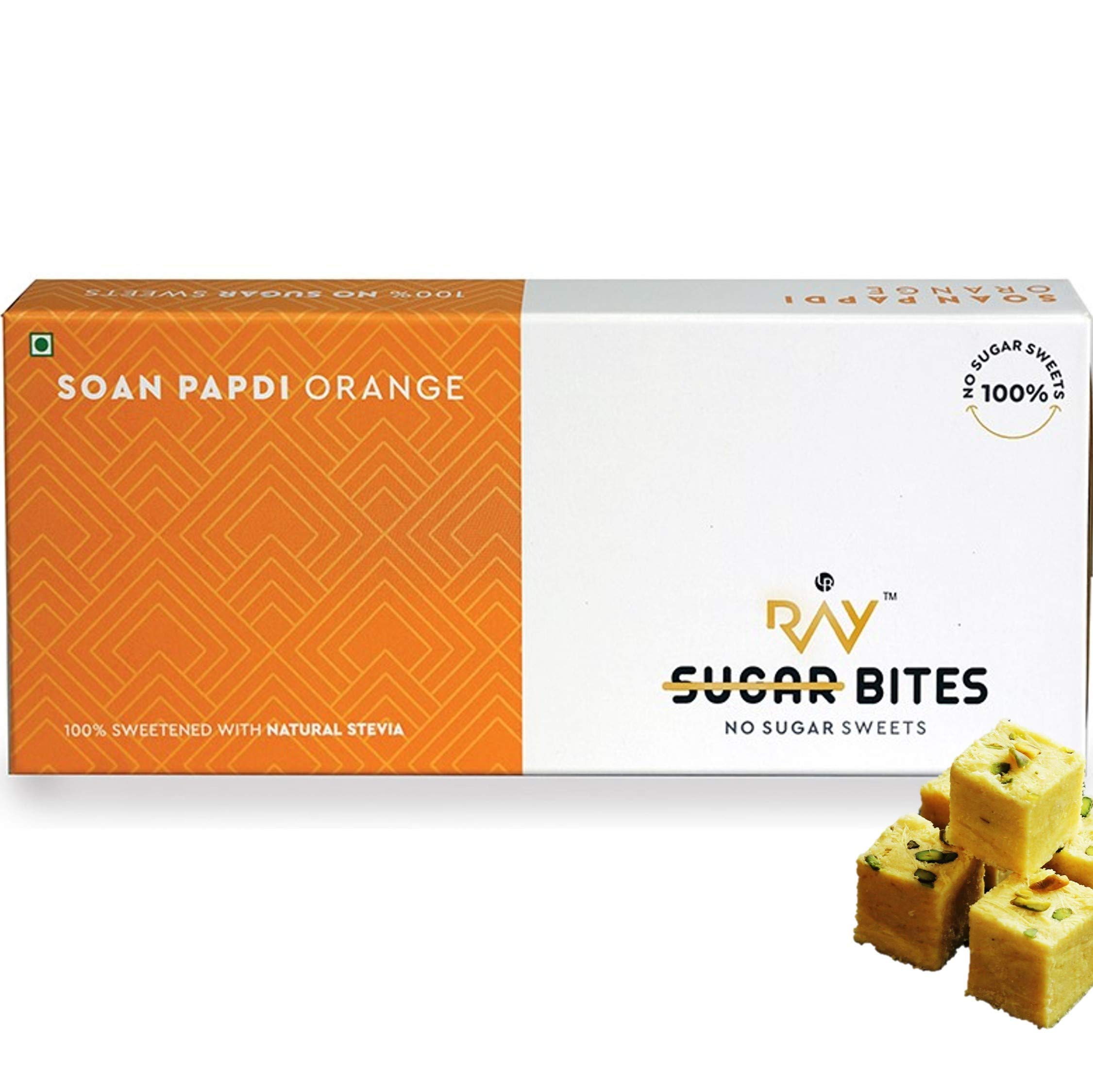 LB RAY No Sugar Bites Soan Papdi- 100% Sugar-Free Indian Mithai Made with Natural Plant Sweetener Stevia (Flavour - Orange) (200 gm)