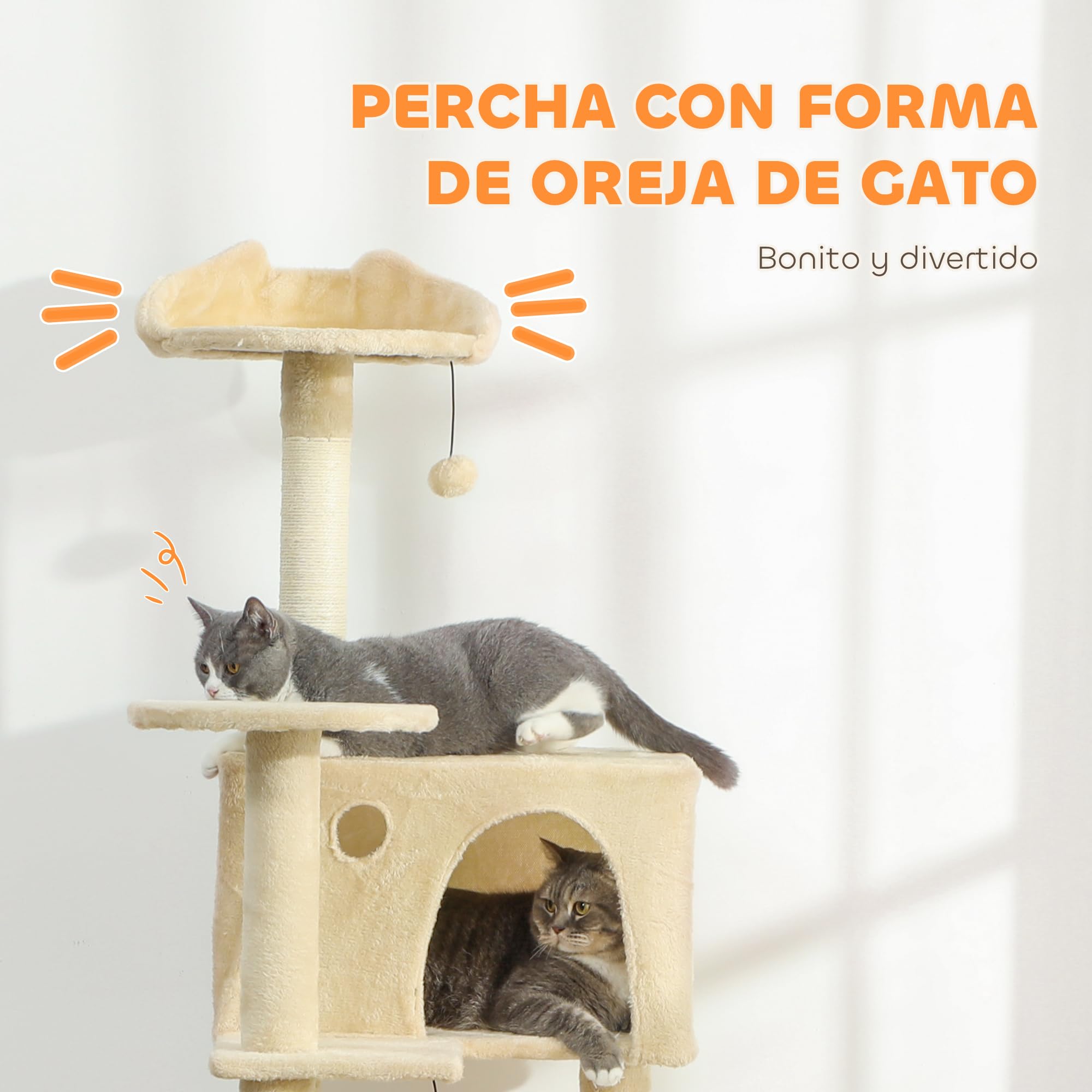 PawHut Árbol Rascador para Gatos, Árbol para Gatos 180 cm, Torre Escalador con Múltiples Plataformas, Cama, 2 Cuevas, Hamaca, Escalera, Postes de Sisal, Bolas para Jugar, Beige