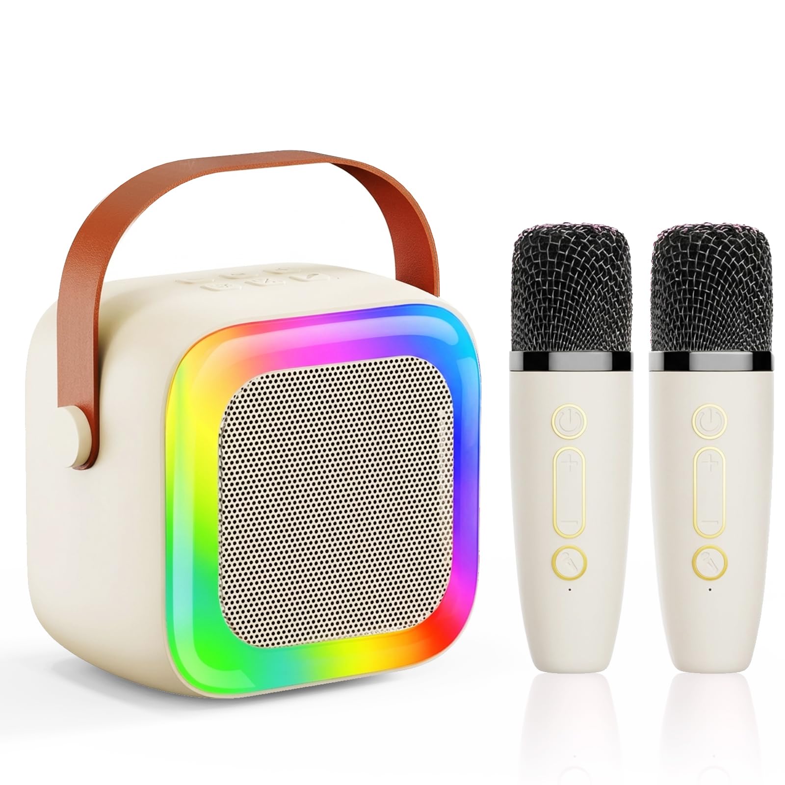 Mini Karaoke Machine for Kids Teen Adults, Kids Karaoke Machine with 2 Wireless Microphones and LED Lights Toys for Party, Home, Gifts for 4 5 6 7 8 9 10 11 12+ Years Girls Boys(Beige)