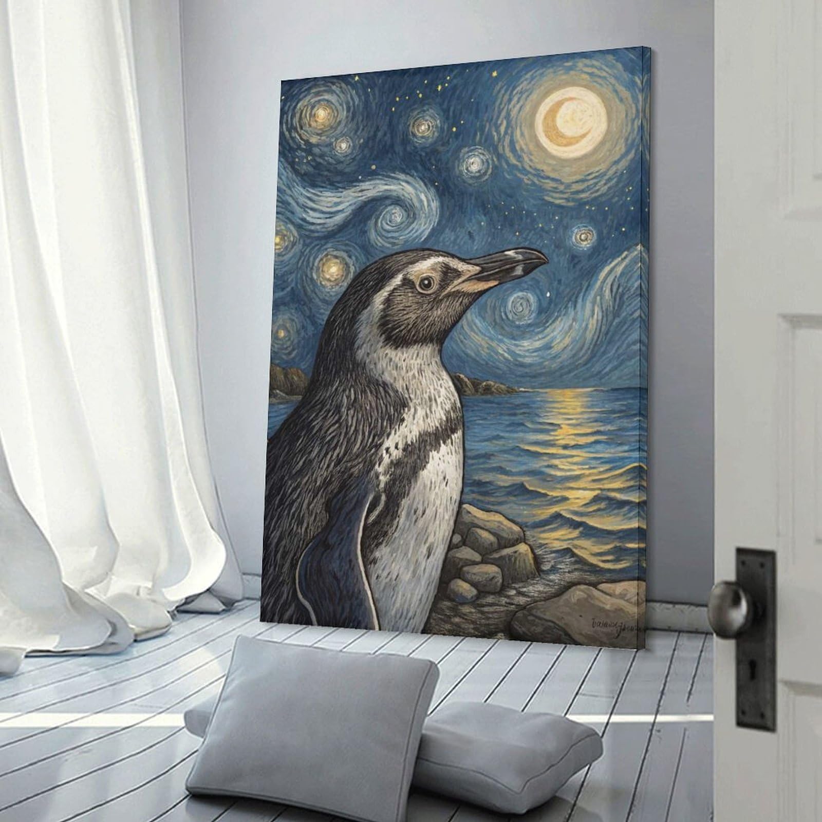 Junmoney Canvas Wall Decor Penguin Under Starry Night Sky, 24x36inch(60x90cm), for Lounge Decor, Bedroom Walls Or Flats, Eye Catching Artwork for Blank Walls