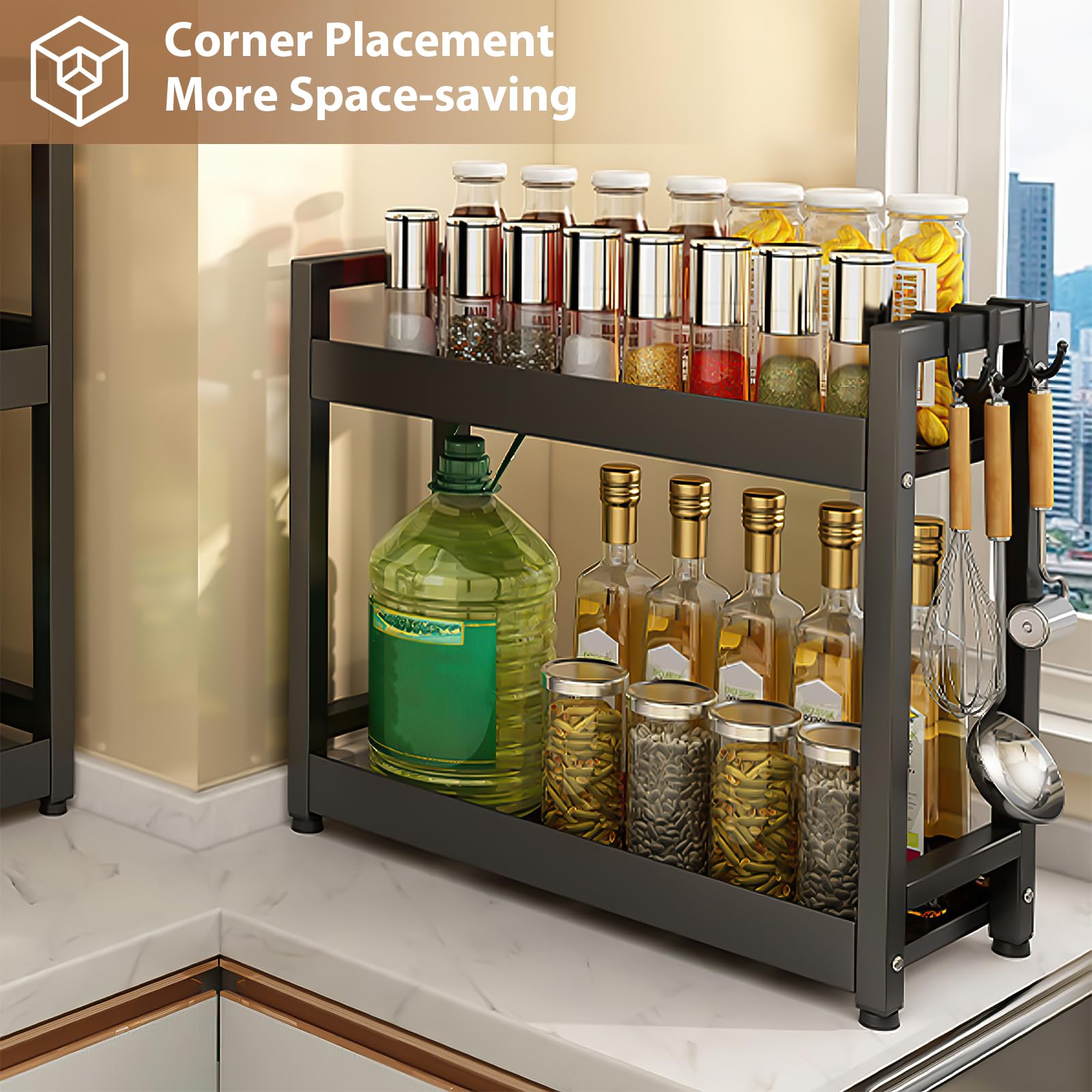 Porta Spezie in Piedi Per Cucina - 2 Ripiani Salvaspazio in Acciaio al Carbonio - Grande Capacità Organizzatore Per Bagno e Ufficio, Nero